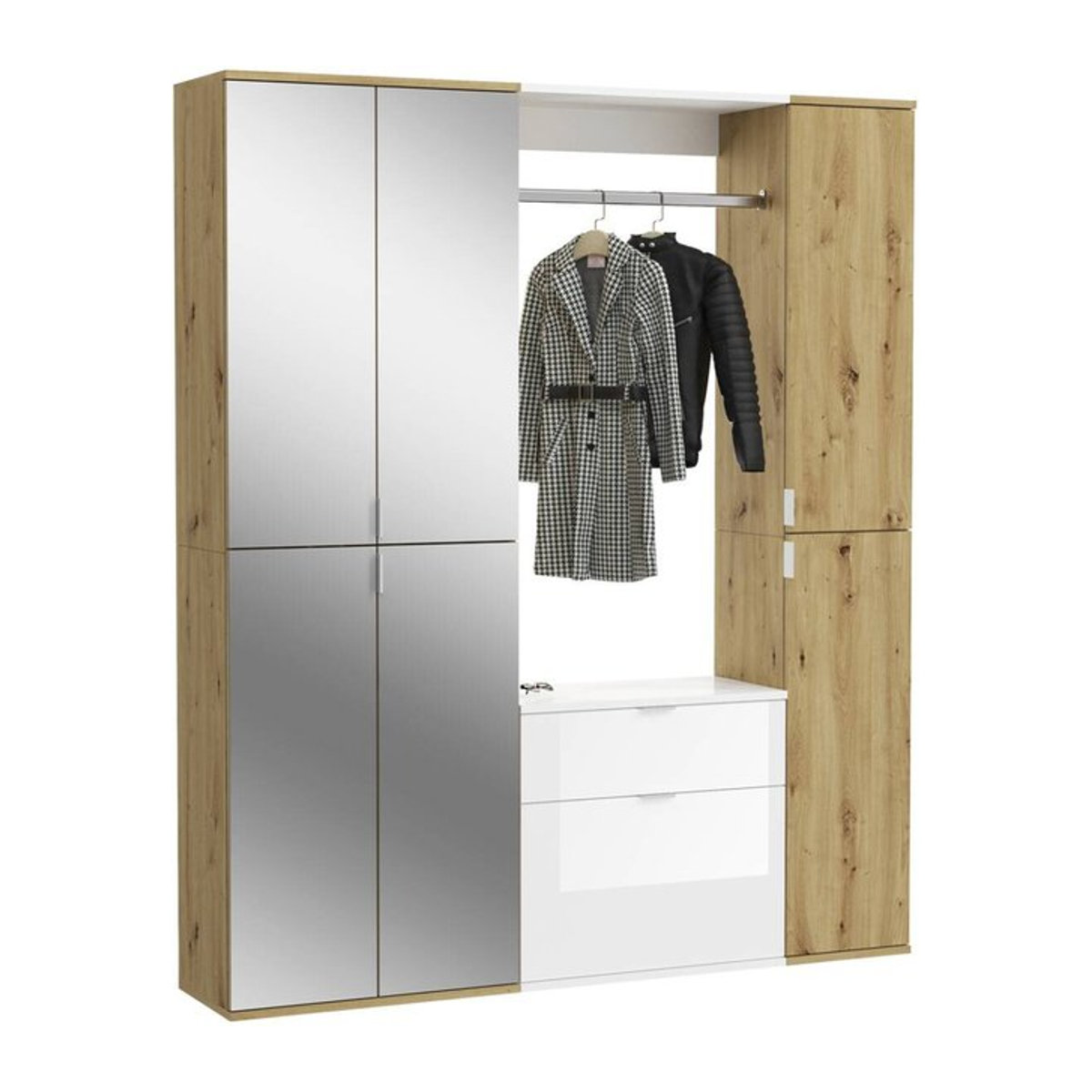 Garderobenset xonox.home PROJEKT in Eiche Natur und Weiß Hochglanz mit Spiegel, B/H/T: 152 x 193 x 34 cm - Bild 1