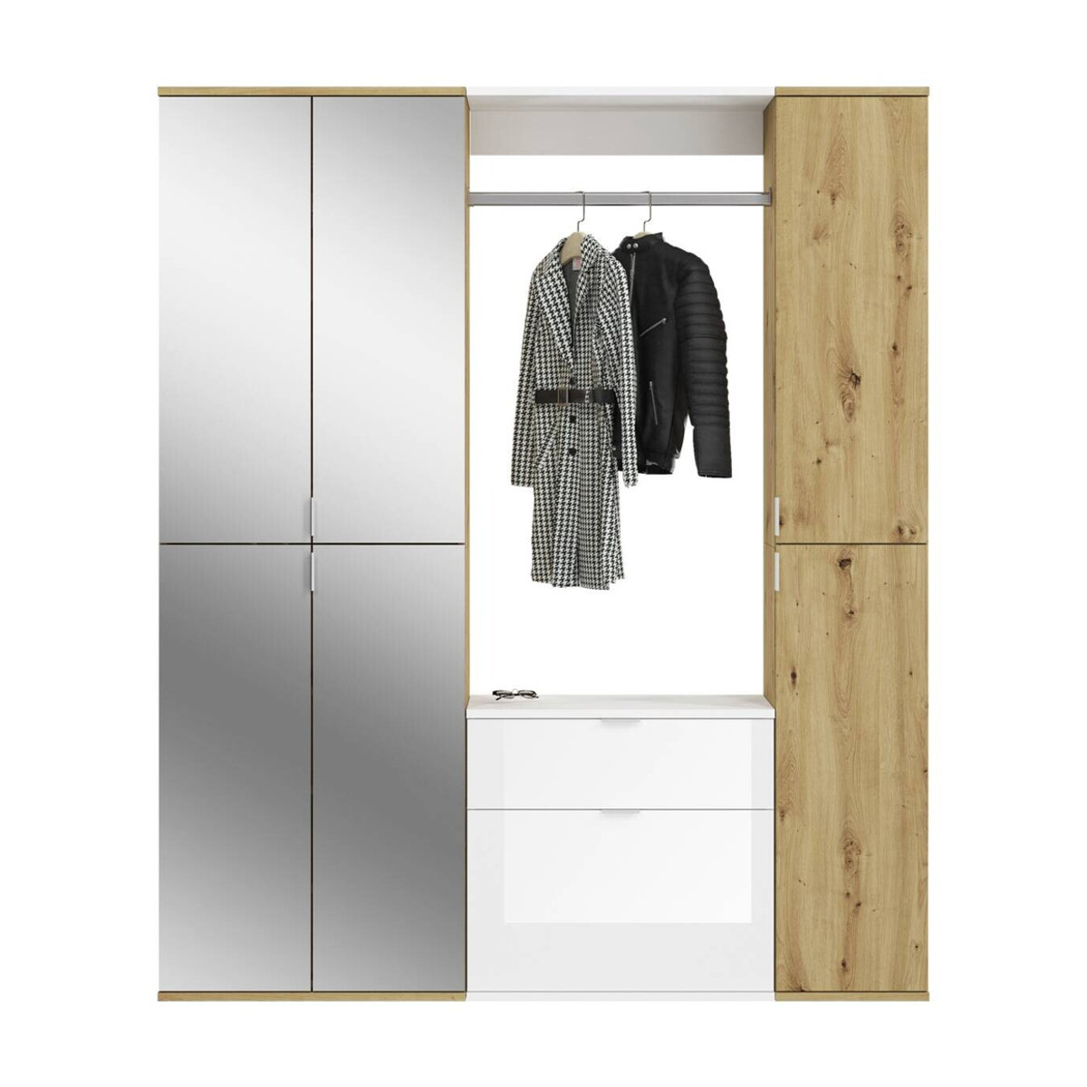 Garderobenset xonox.home PROJEKT in Eiche Natur und Weiß Hochglanz mit Spiegel, B/H/T: 152 x 193 x 34 cm - Bild 2