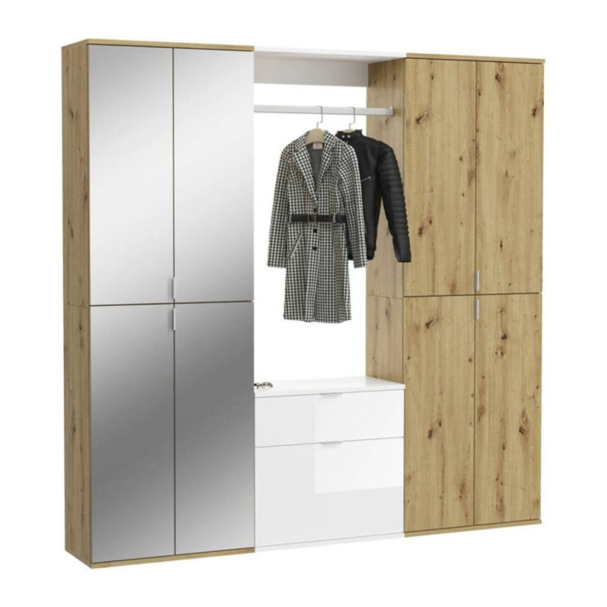 Garderobenset xonox.home PROJEKT in Weiß Hochglanz und Eiche Natur mit Spiegel und Drehtüren, B/H/T: 183 x 193 x 34 cm - Bild 1