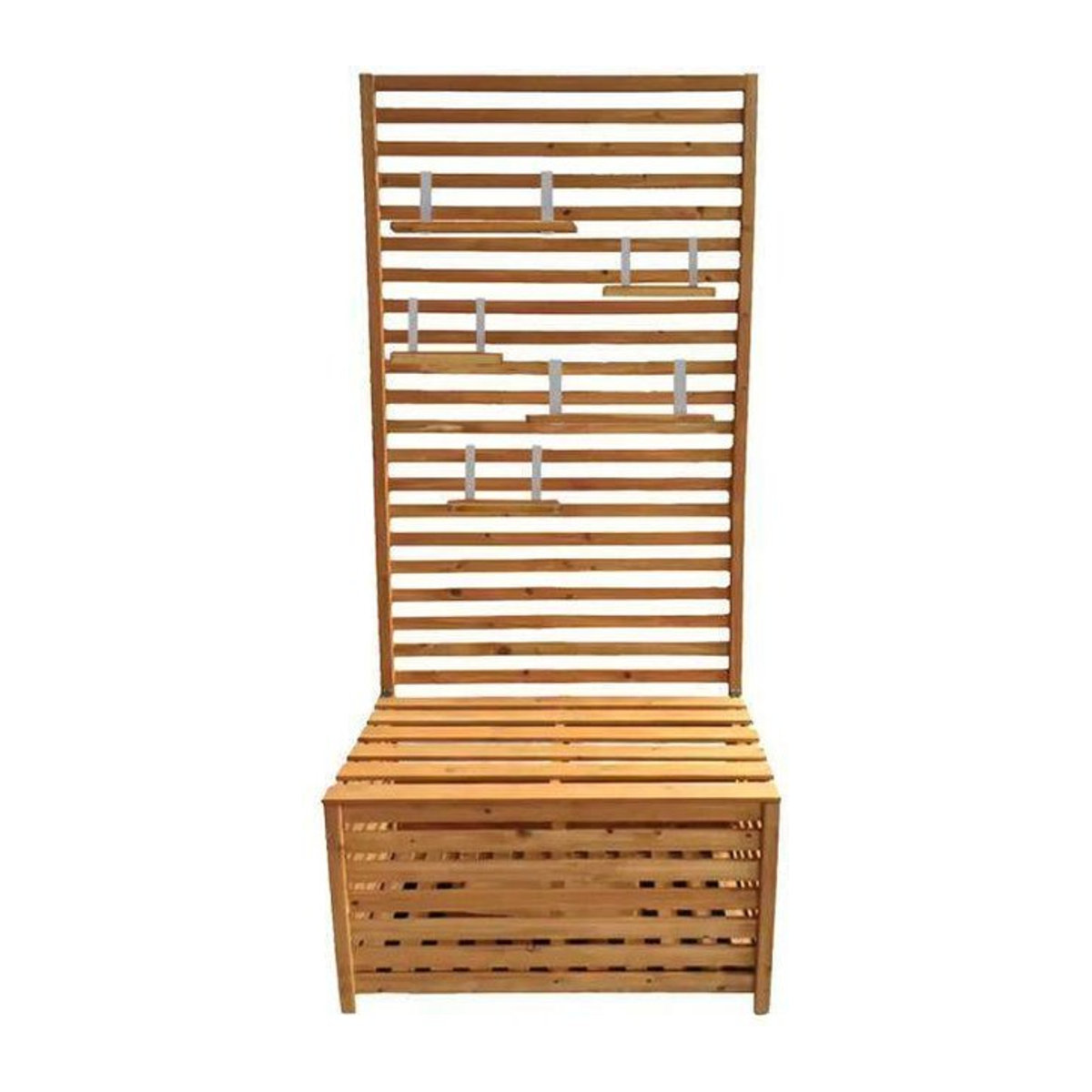 Gartentruhe Divit GR1 aus Tannenholz in Braun mit Regalen und integrierter Bank, B/T/H: 80 x 40 x 170 cm - Bild 1