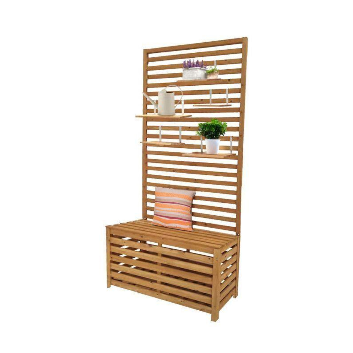 Gartentruhe Divit GR1 aus Tannenholz in Braun mit Regalen und integrierter Bank, B/T/H: 80 x 40 x 170 cm - Bild 3