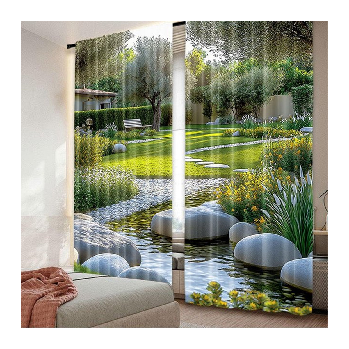 Gartenvorhänge im japanischen Parkstil mit Teich, Gras und Bäumen aus Polyester, 2er-Set, Breite: 100 cm, Höhe: 70 cm - Bild 1