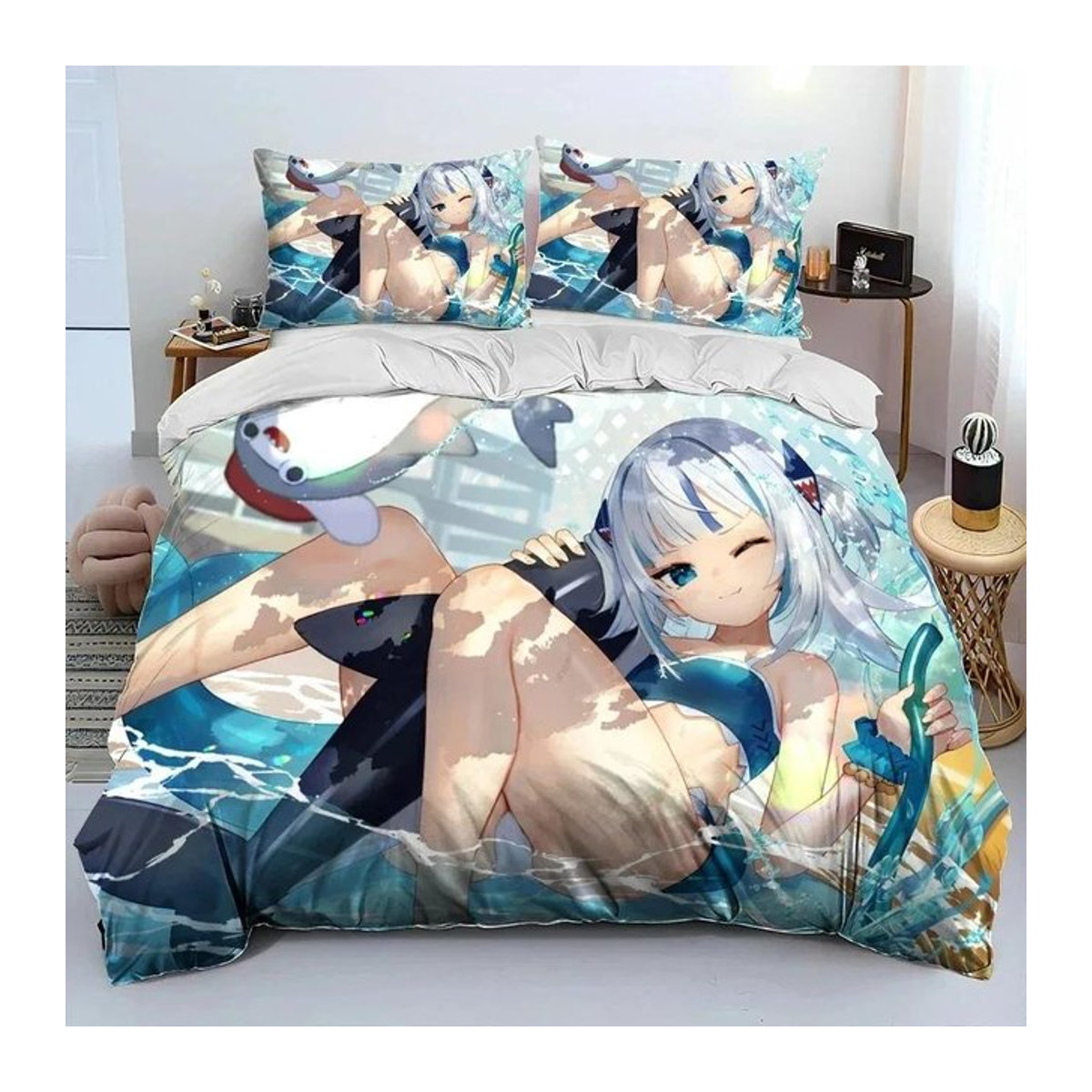 Gawr Gura Hololive Anime Bettwäsche Set mit Bettbezug und Kissenbezügen, 2-teilig, Bettbezug: 70 x 133 cm - Bild 1
