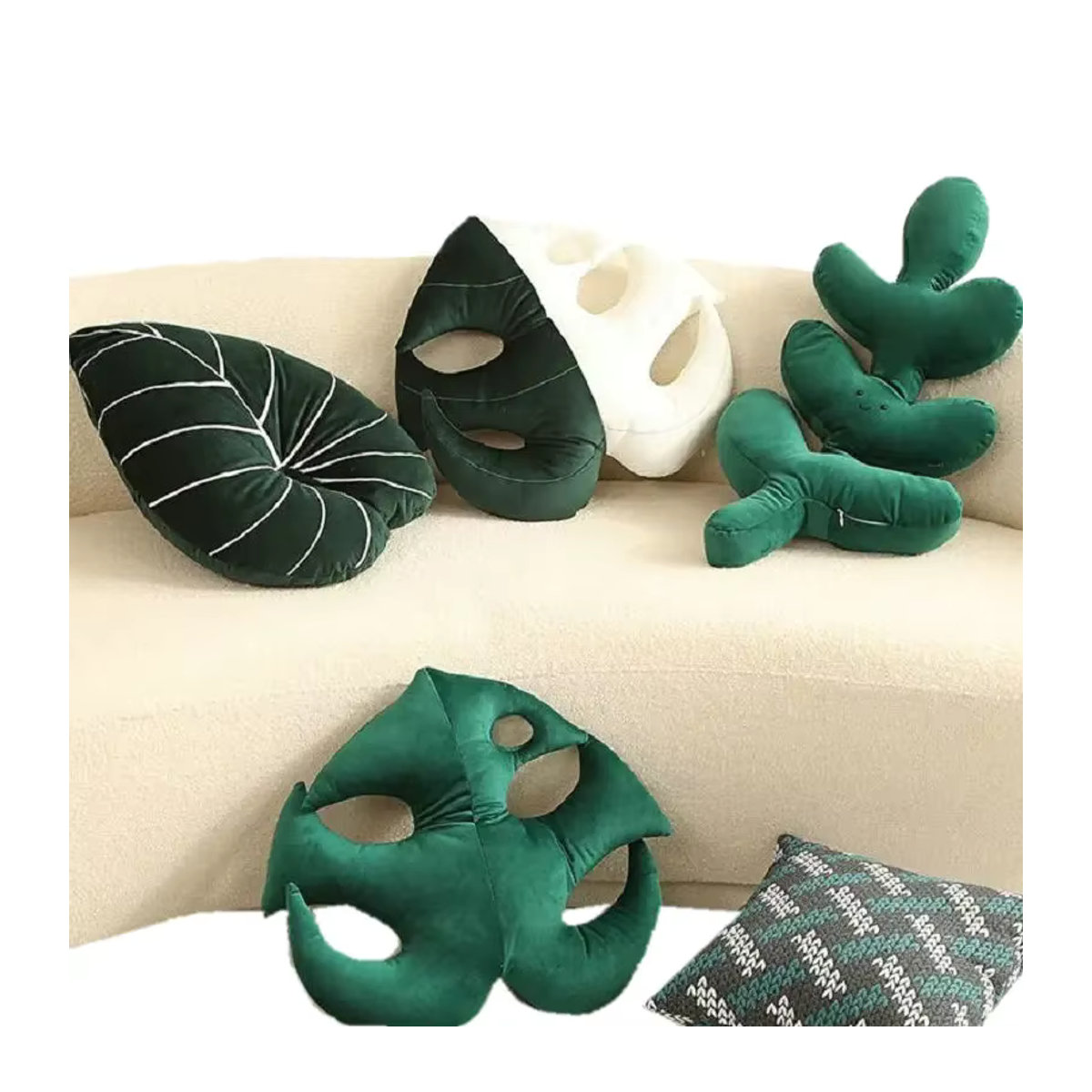GDzaccly Blätter Kissen in Blattform im Nordic Stil, Grün und Weiß, Plüsch Kissen mit Gesicht für Sofa und Dekoration - Bild 6