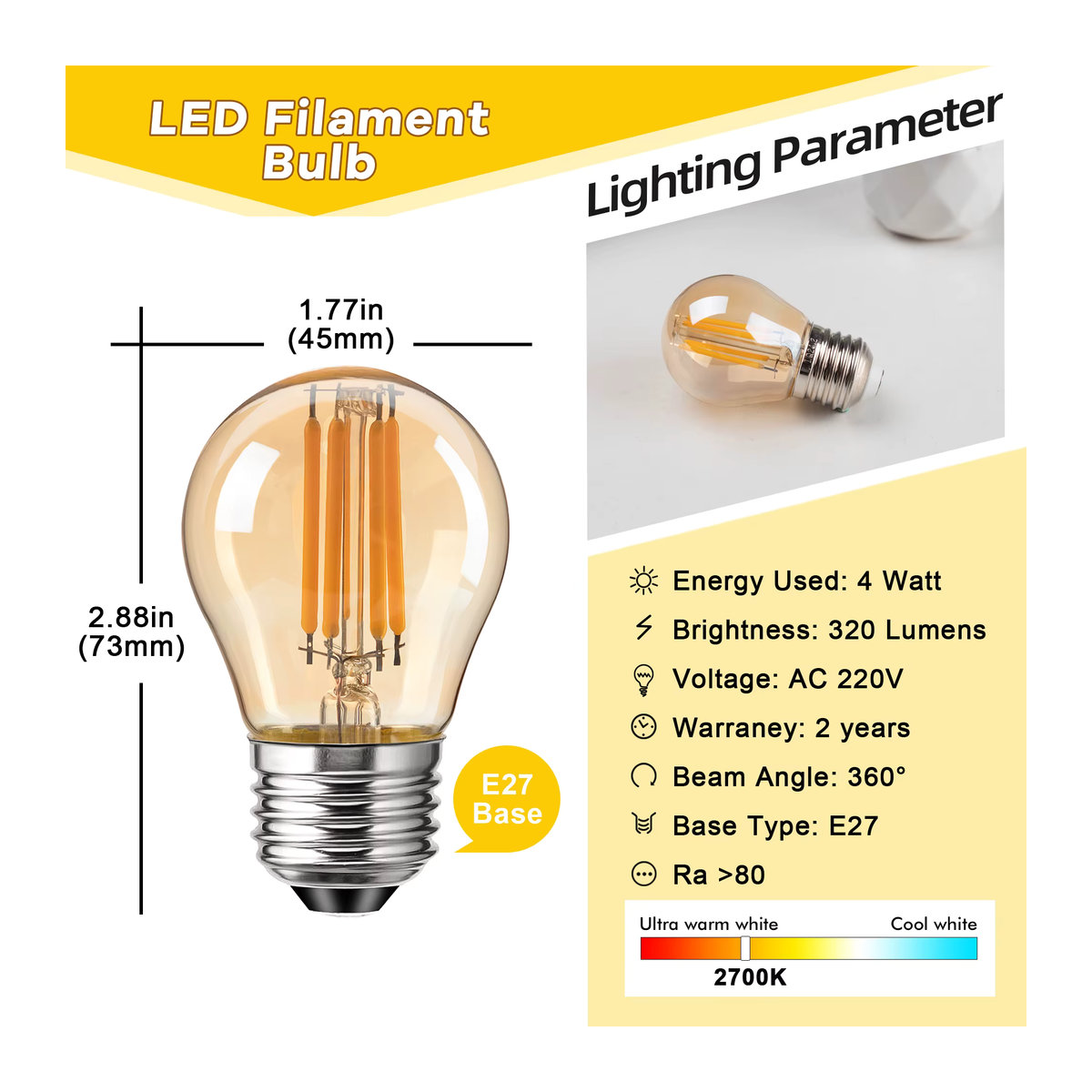 Genixgreen G45 LED-Filament Glühbirne Retro Design, E27 Schraubsockel, bernsteinfarbenes Glas, Warmweiß, dimmbar - Bild 2