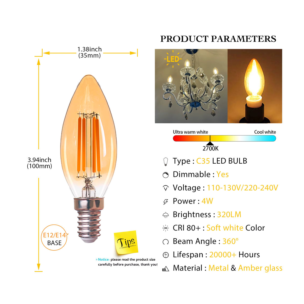 Genixgreen LED-Kerzenlampe C35 Retro Glühfadenlampe E14 Bernsteinfarben Warmweiß 2700K Dimmbar - Bild 2