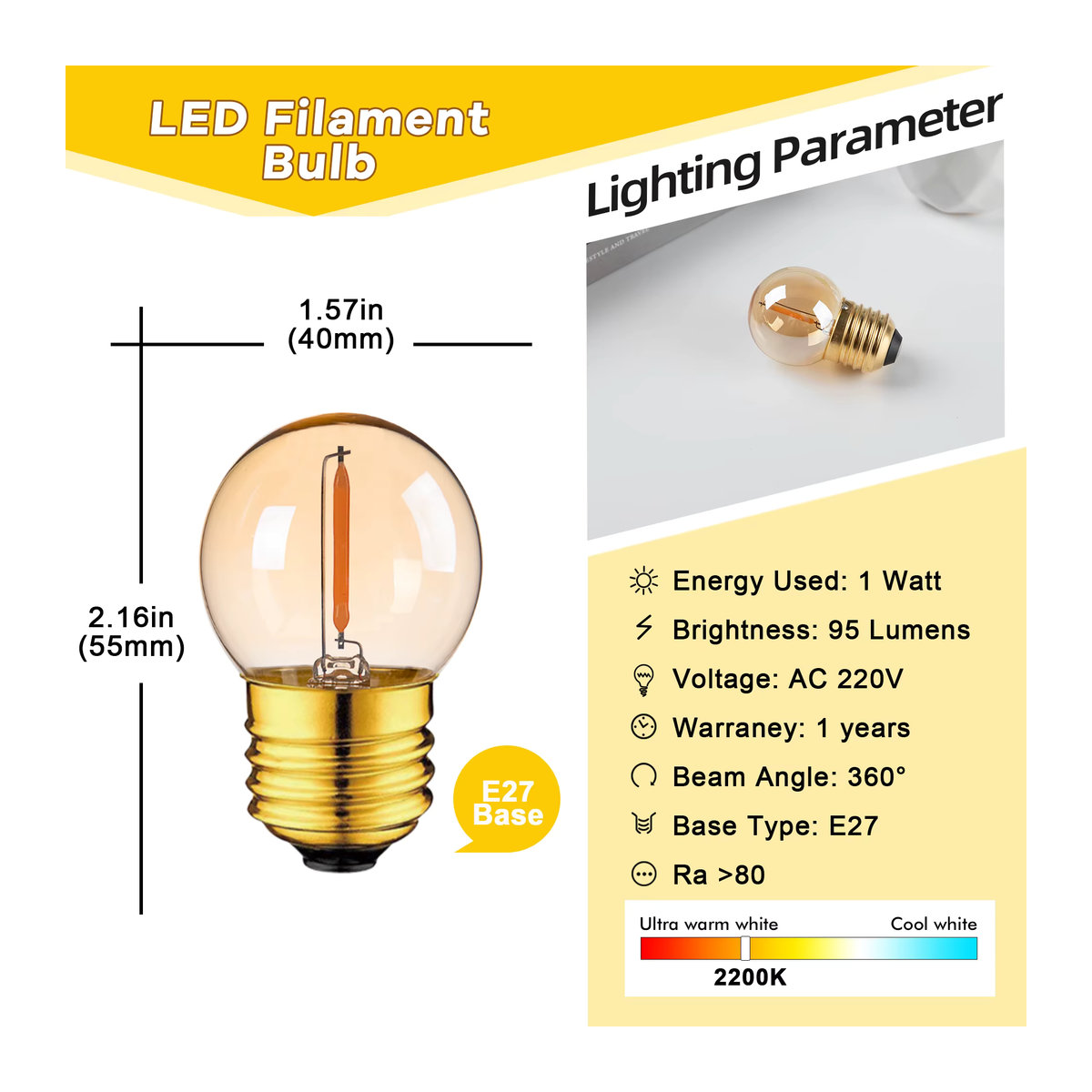 Genixgreen Vintage LED-Glühlampe G40 mit E27-Sockel, warmweiß, goldfarbenes Glas, dimmbar - Bild 2