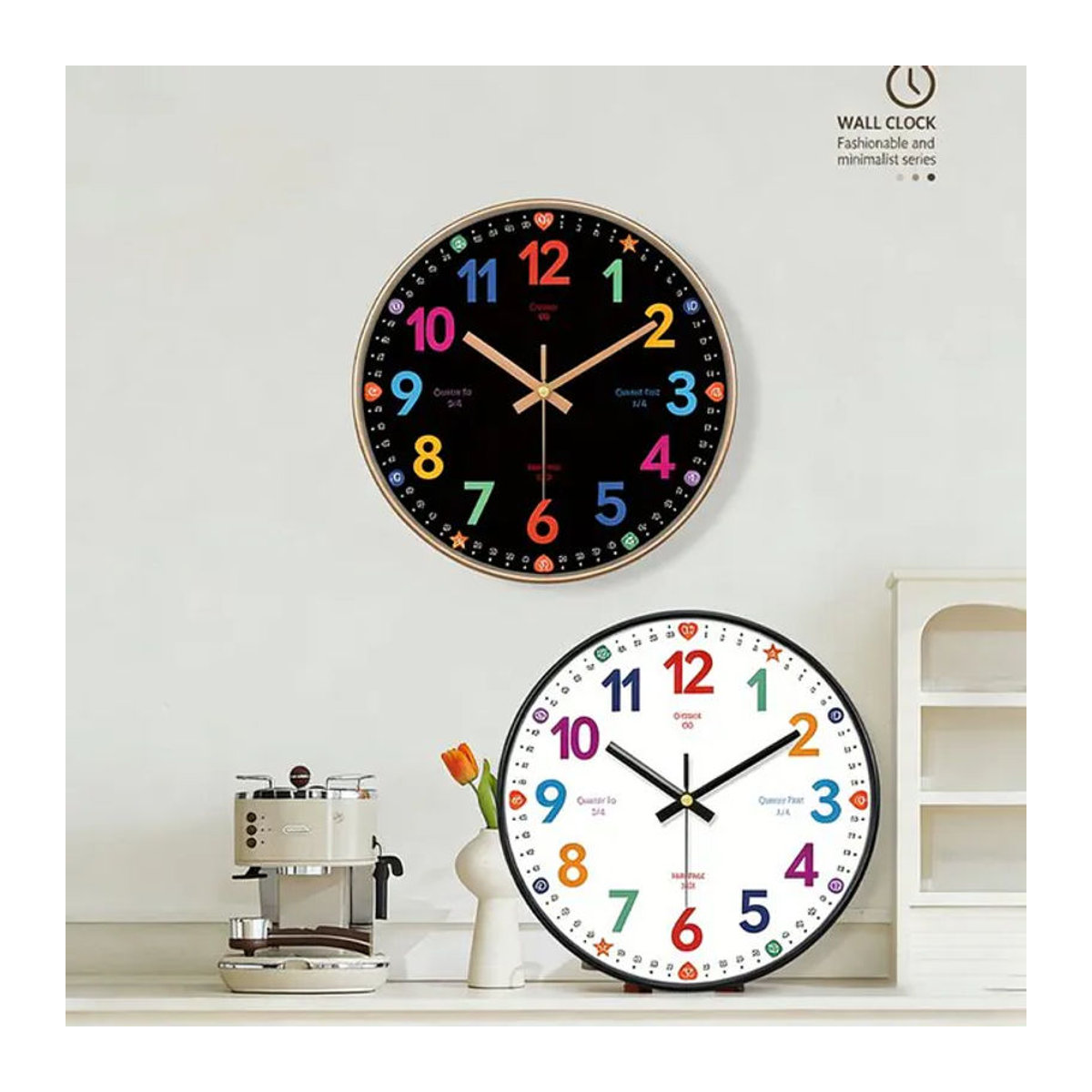 Geräuschlose analoge Kinder-Lernwanduhr von p.chuang in Mehrfarbig und Gold, runde Wanduhr aus Kunststoff und Glas für Kinderzimmer und Schule - Bild 1
