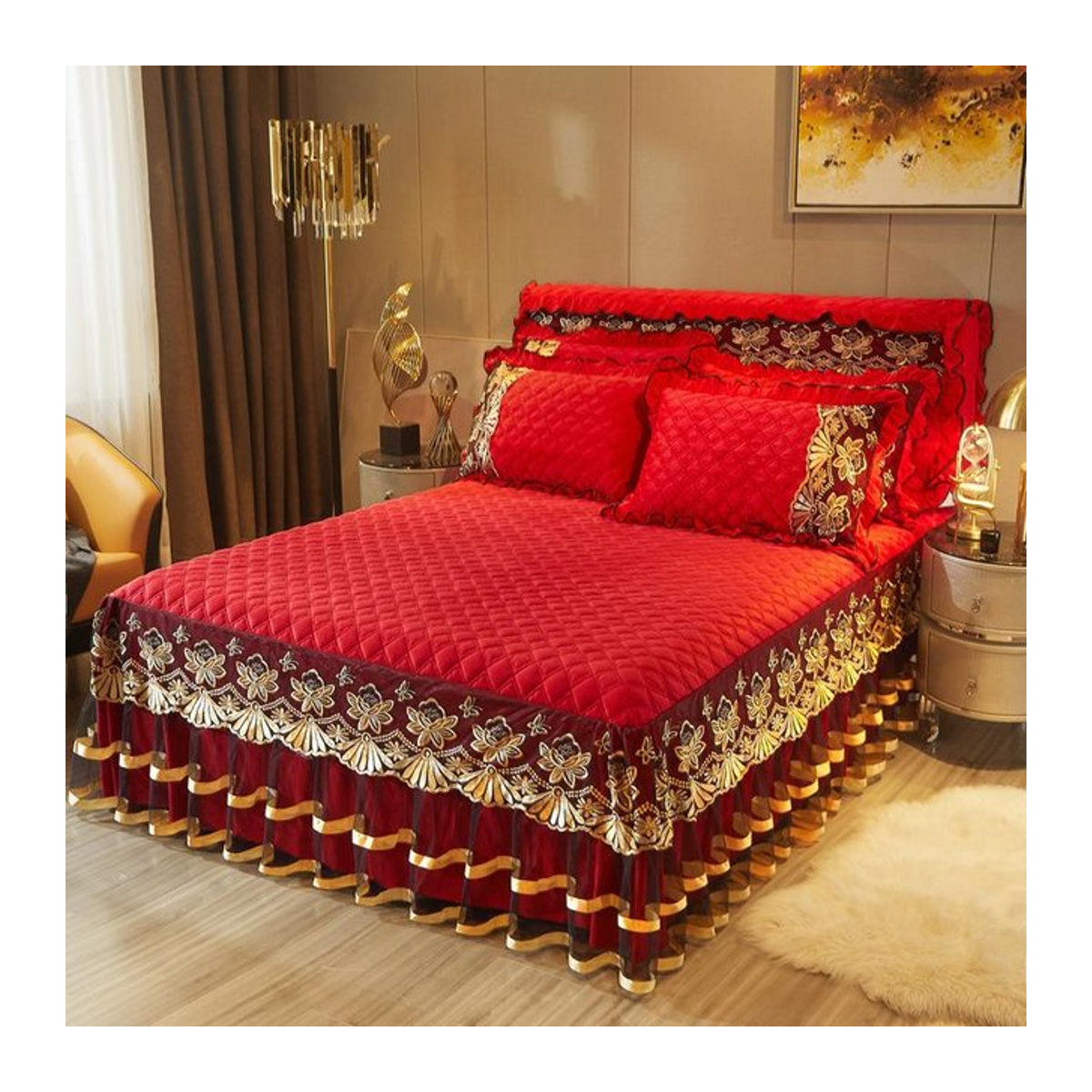 Gesteppte Tagesdecke aus Kristall-Samt und Spitze von Your Warm Home in Rot, 3-teiliges Set, B/T: 180 x 200 cm - Bild 1
