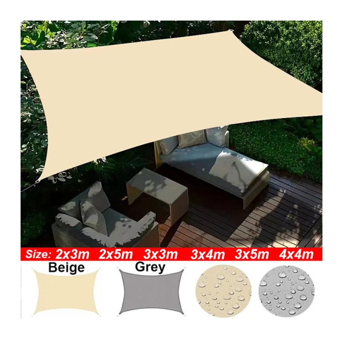 GFDYML Sonnensegel aus Polyester für Terrasse und Garten, wasserdicht und rechteckig, B/T: 200 x 200 cm, Grau oder Beige - Bild 1