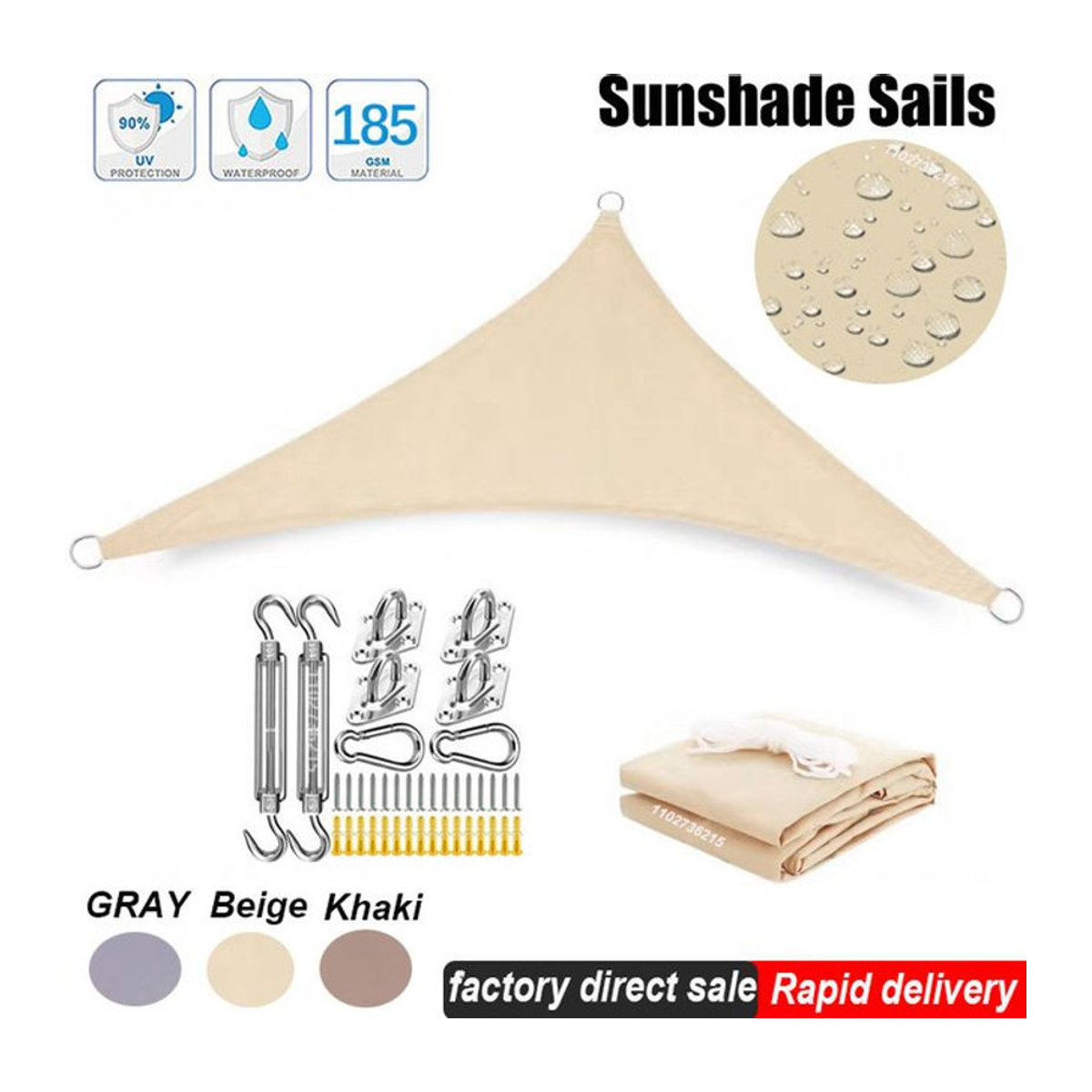 GFDYML Sonnensegel in Dreiecksform, wasserdicht, Beige, B/T/H: 200 x 200 x 200 cm - Bild 1