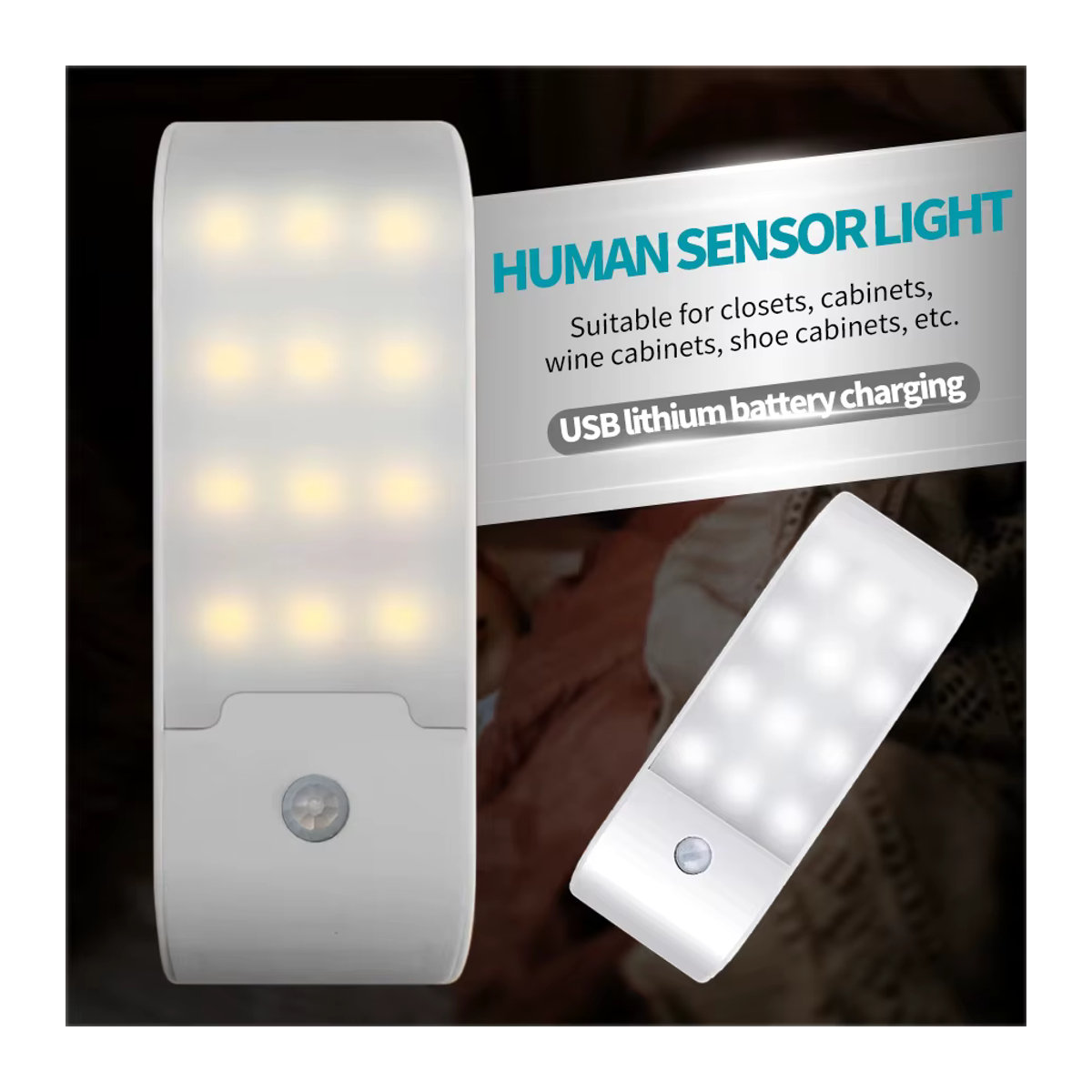 GGBEE 12LED Nachtlicht mit Bewegungsmelder, wiederaufladbare USB-LED-Lampe für Flur, Badezimmer, Schrank und Küche, Weiß, Minimalistisch, Möbelbeleuchtung - Bild 2