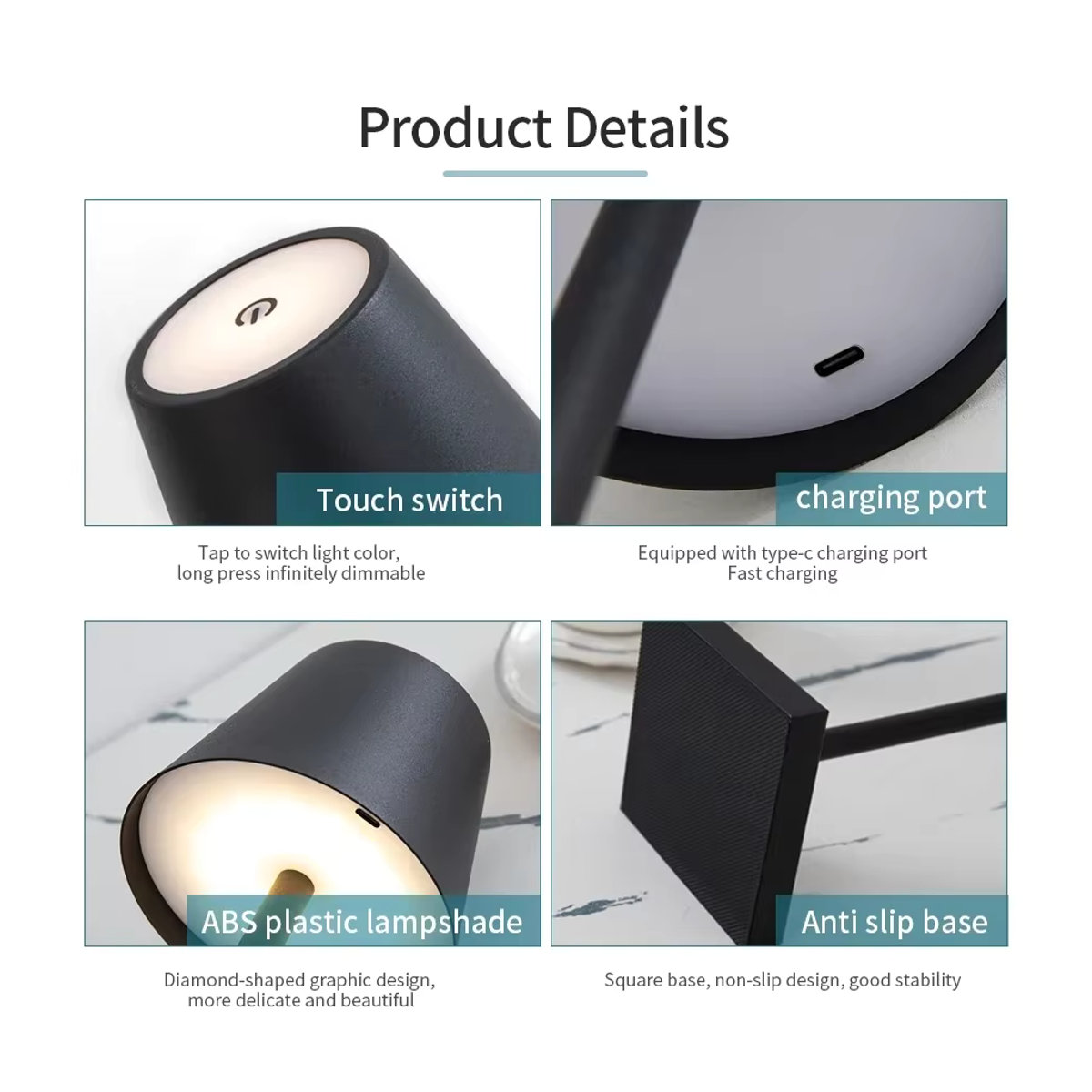 GGBEE LED Tischlampe Schwarz – Dimmbare USB wiederaufladbare Schreibtischleuchte mit Touch-Schalter für Schlafzimmer und Dekoration - Bild 2