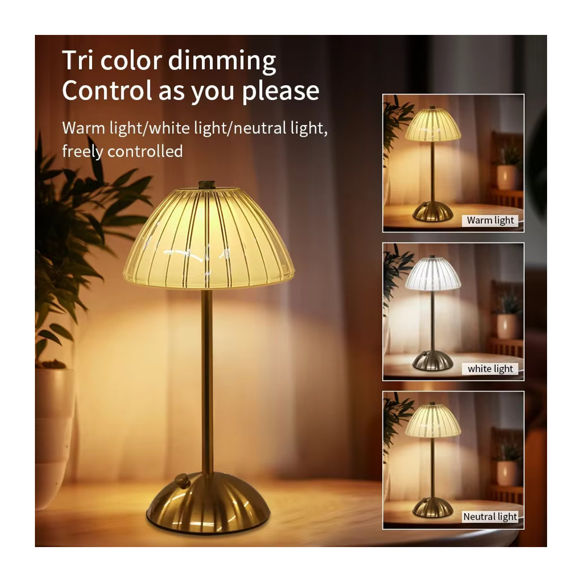 GGBEE Wiederaufladbare Touch-Nachtlicht Tischlampe mit 3 Farben und Dimmfunktion im modernen Kristall-Design - Bild 3