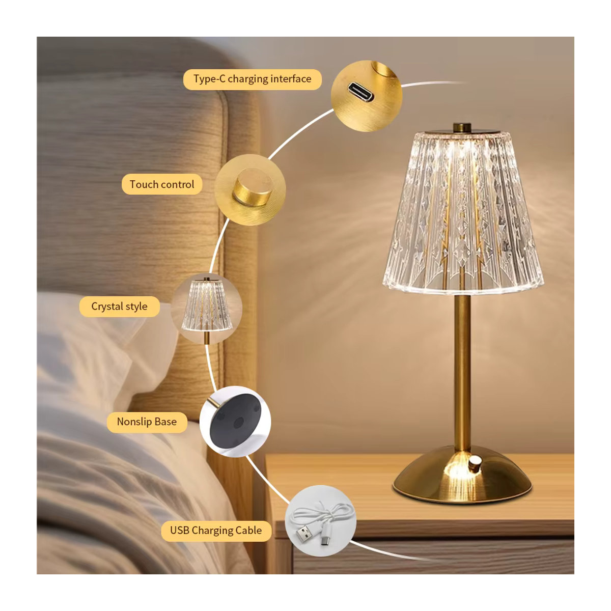 GGBEE Wiederaufladbare Touch-Nachtlicht Tischlampe mit 3 Farben und Dimmfunktion im modernen Kristall-Design - Bild 5