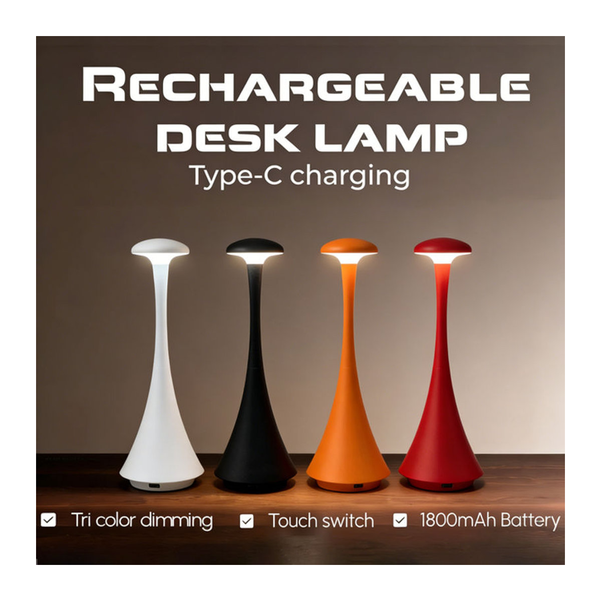 ggbingo LED Nachttischlampe in Orange, kabellose Touch-Lampe mit 3 Farben und USB-C, minimalistisches Atmosphärenlicht für Schlafzimmer und Schreibtisch - Bild 1