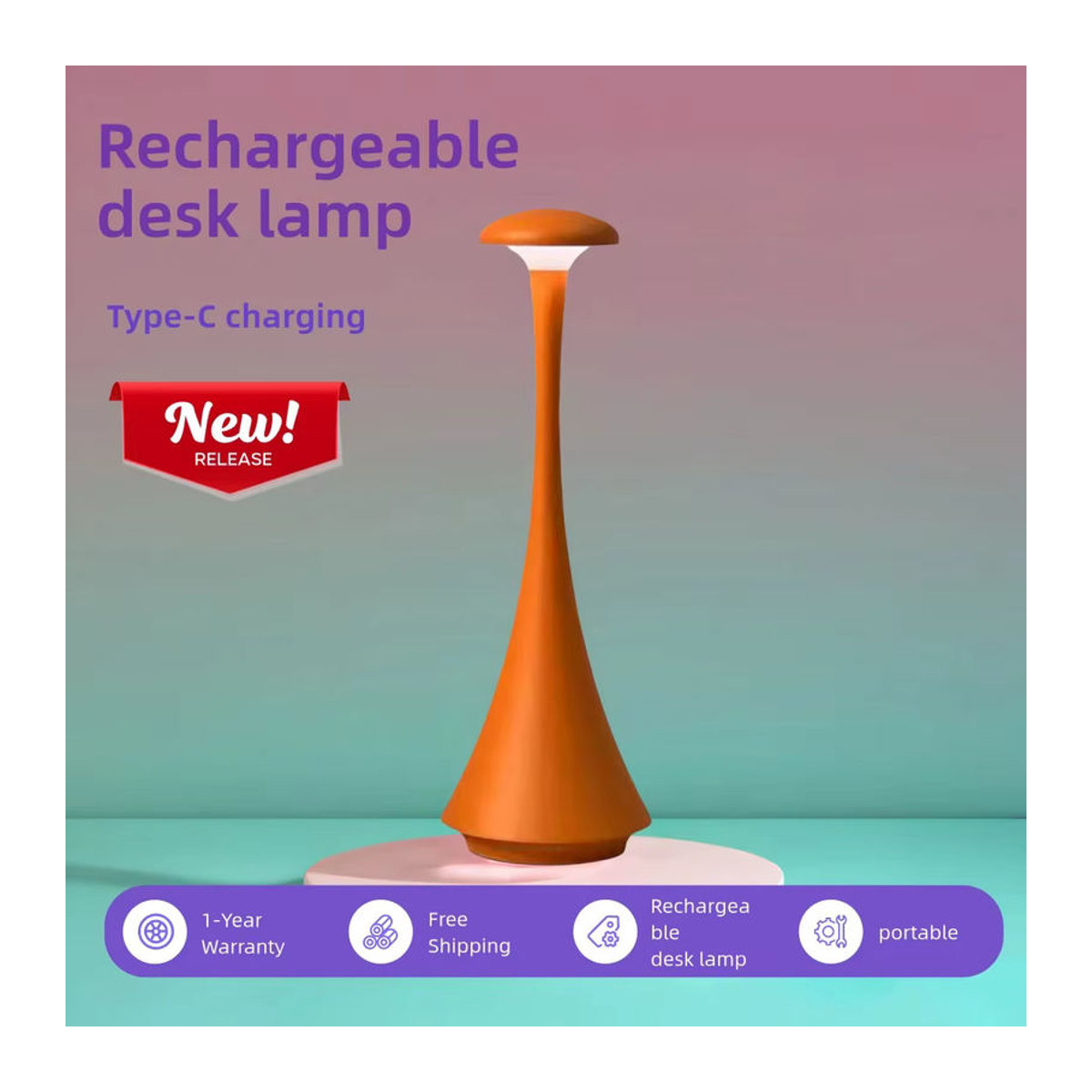 ggbingo LED Nachttischlampe in Orange, kabellose Touch-Lampe mit 3 Farben und USB-C, minimalistisches Atmosphärenlicht für Schlafzimmer und Schreibtisch - Bild 2