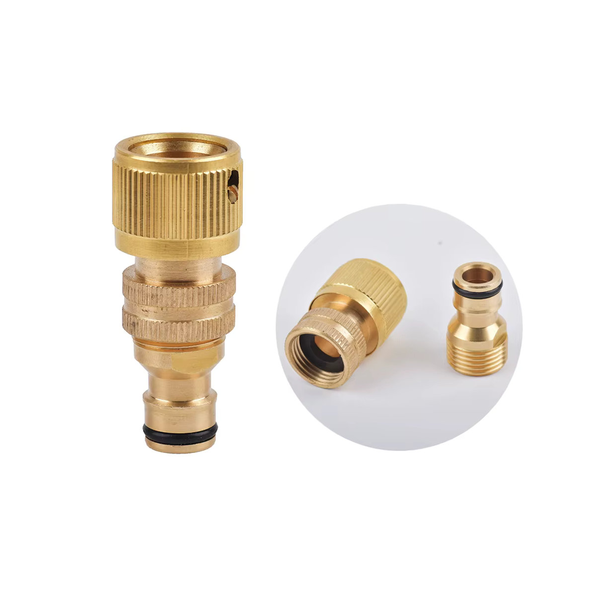 GI Yuling 2er-Set Gartenschlauch-Schnellanschluss aus Messing in Gold für Gartenbewässerung mit 1/2'', 5/8'', 3/4'' und 1'' Gewindehahnkupplung - Bild 2