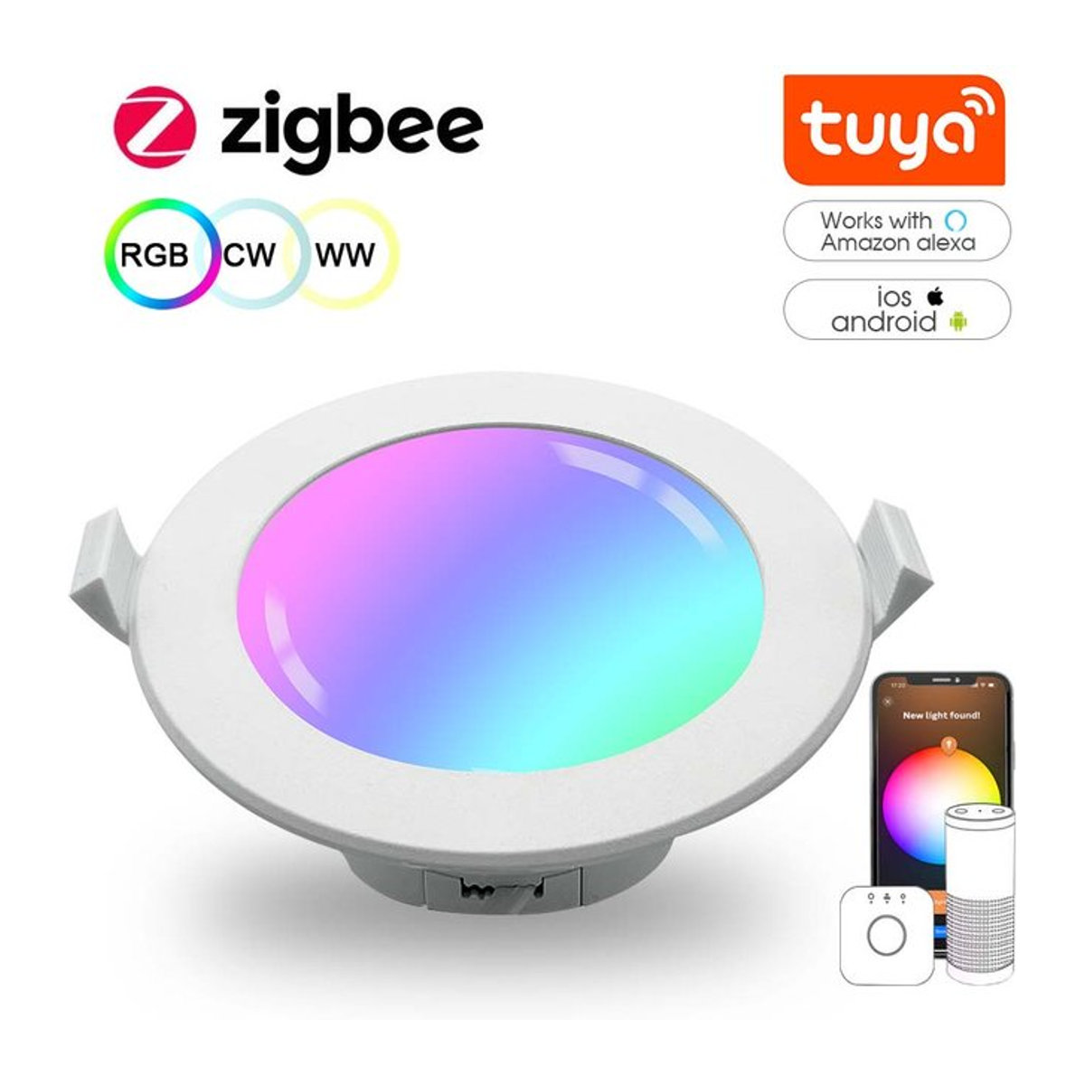GIDERWEL Zigbee 3.0 Smart LED Downlight RGBCCT Einbaustrahler in Bunt, kompatibel mit Tuya Hub, Smartthings und Alexa Voice Control - Bild 1
