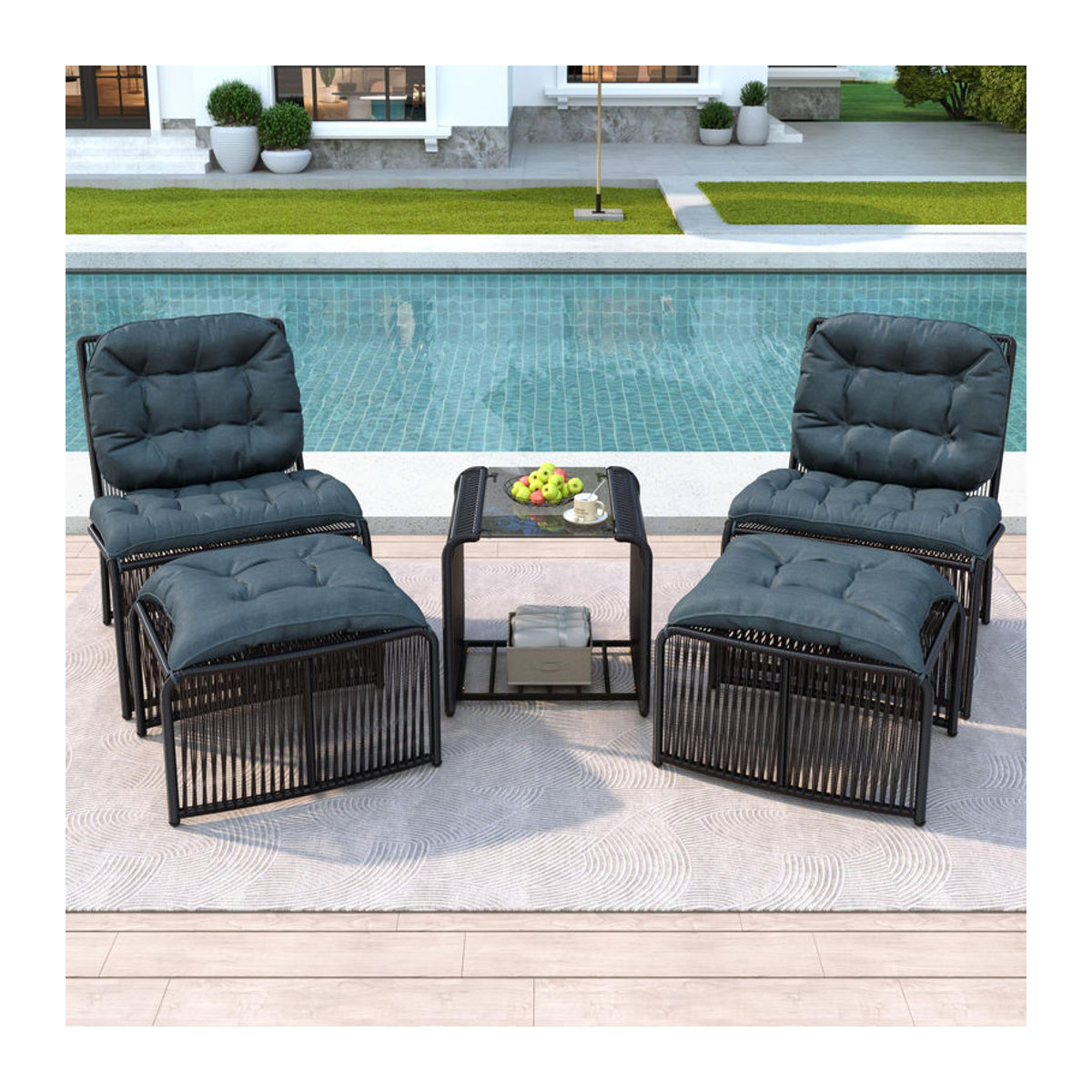 GL Store 5-teiliges Outdoor Gartenmöbel-Set aus Polyrattan mit Glastisch und Hockern in Schwarz und Grau - Bild 2