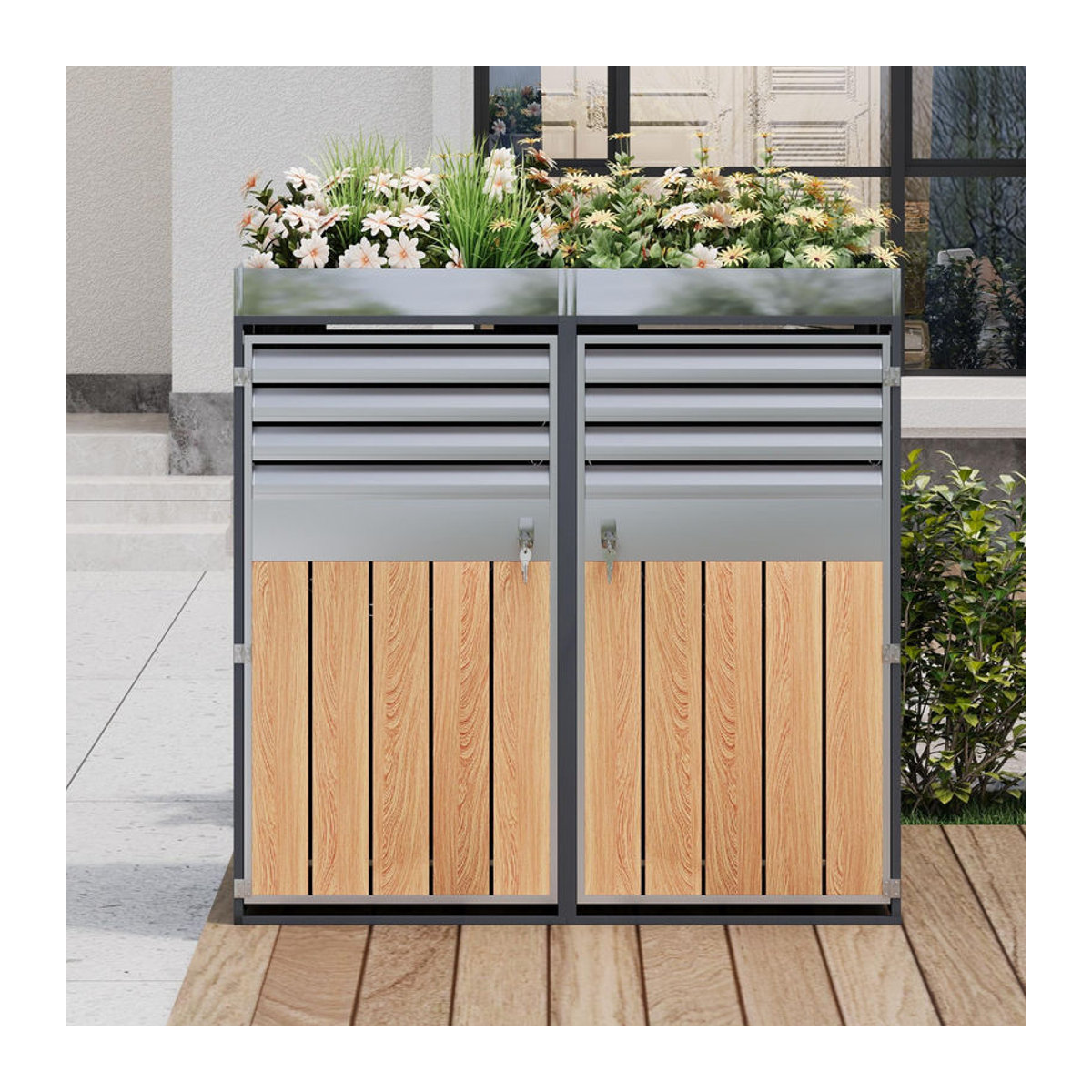 GL Store Abschließbare Mülltonnenbox mit integriertem Pflanzgefäß und Lamellenlüftung, B/T/H: 132 x 80 x 124,5 cm, Grau-Natur - Bild 2