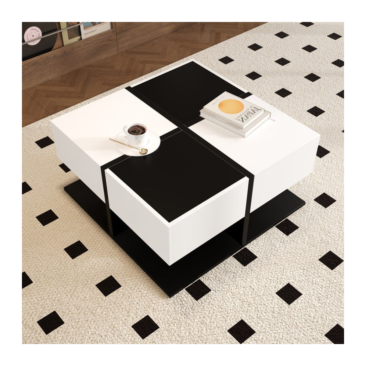 GL Store Couchtisch Modern Minimalistisch mit 2 Schubladen, Quadratisch, Schwarz/Weiß, B/T/H: 70 x 70 x 35,5 cm - Bild 2