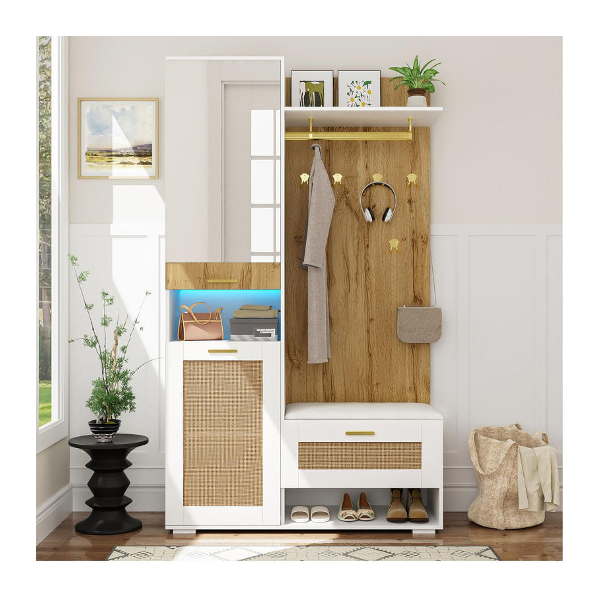 GL Store Garderoben-Set im skandinavischen Design mit Sitzbank, Spiegel, LED-Beleuchtung und 6 goldenen Kleiderhaken, Weiß+Natur, B/T/H: 110 x 38 x 190 cm - Bild 2