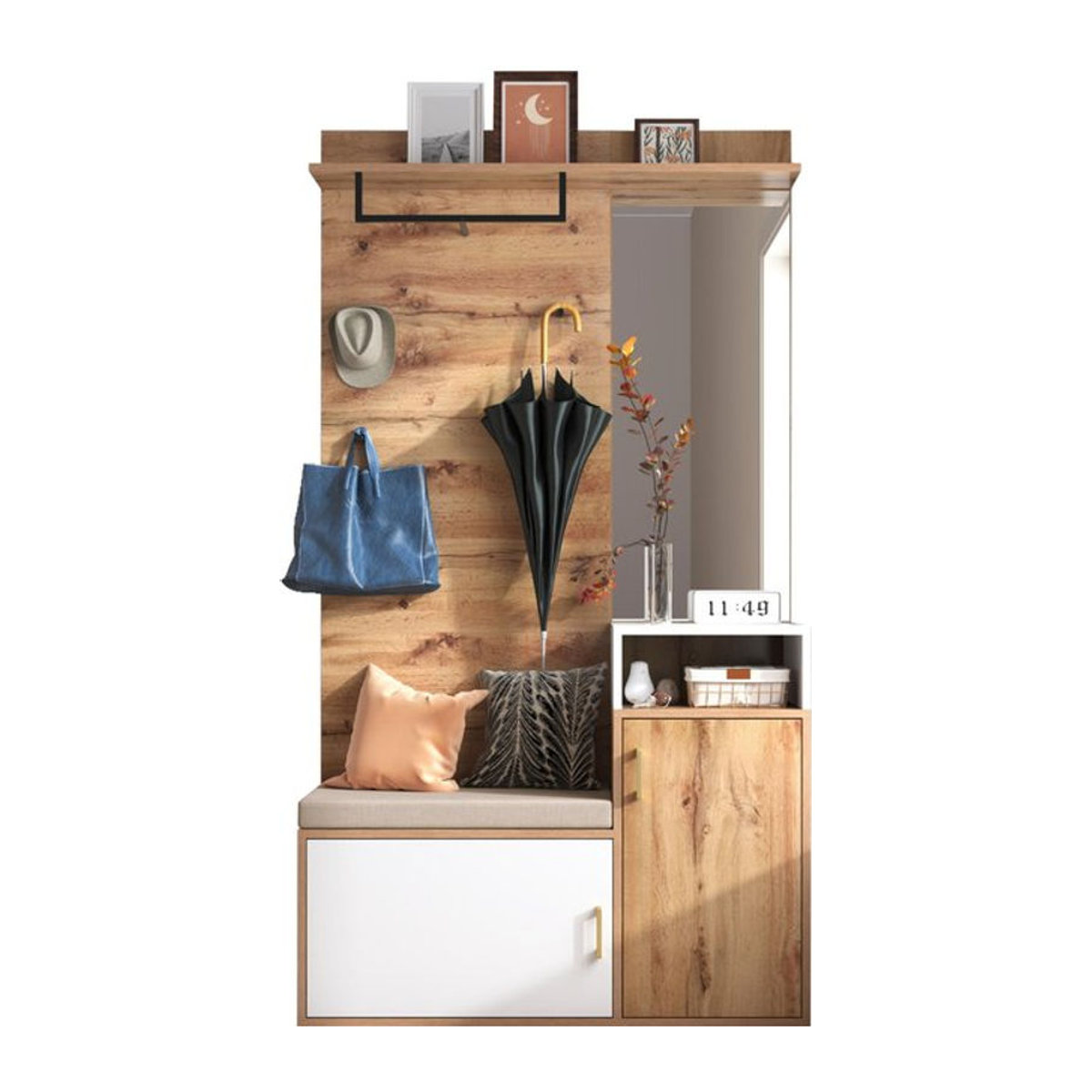 GL Store Garderoben-Set im skandinavischen Design mit Spiegel, Sitzbank, 2 Schuhfächern, Haken und Garderobenstange, Weiß-Natur, B/T/H: 105 x 40 x 190,5 cm - Bild 1