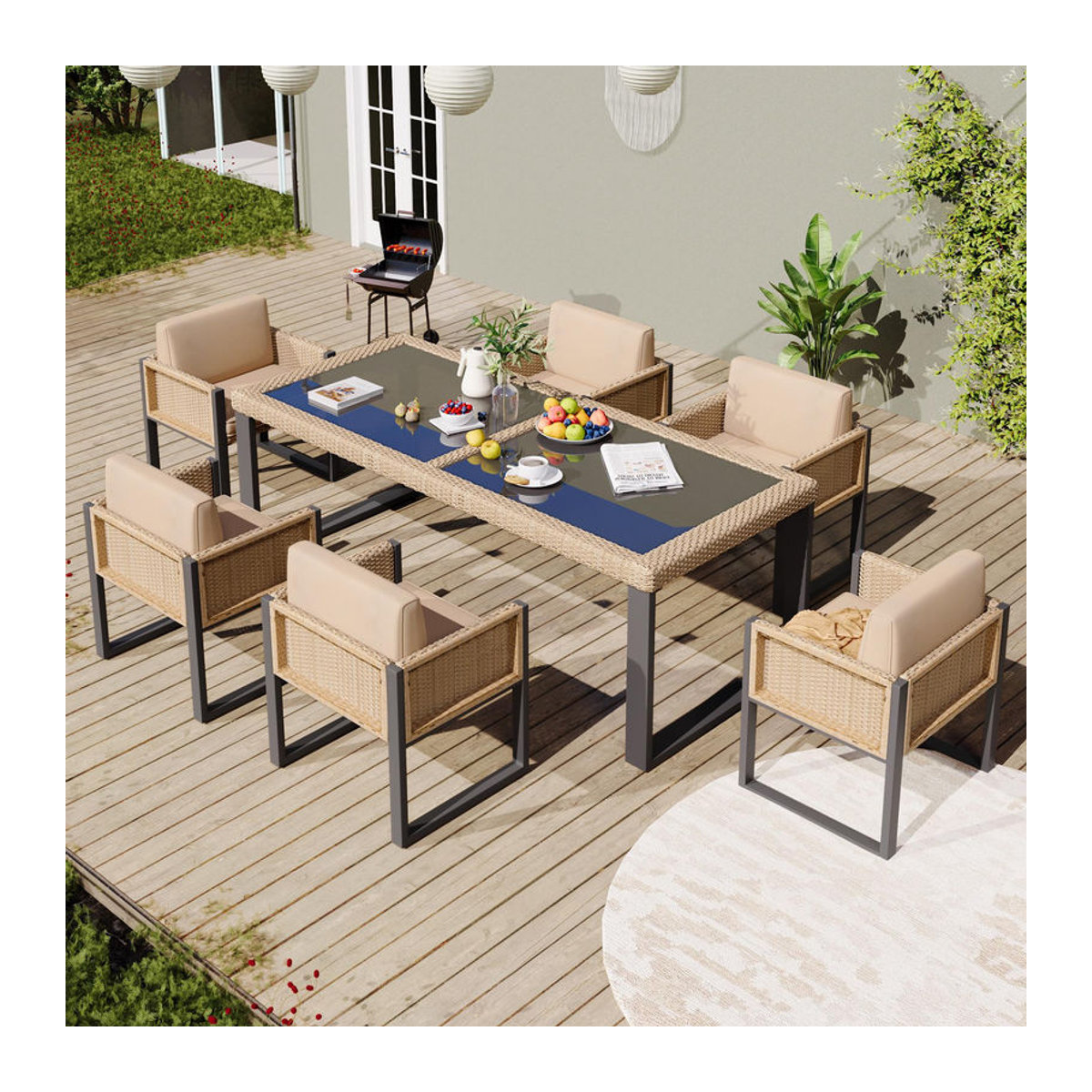 GL Store Gartenmöbel-Set Essgruppe aus Polyrattan mit Glastisch und 6 Stühlen in Braun und Schwarz - Bild 2