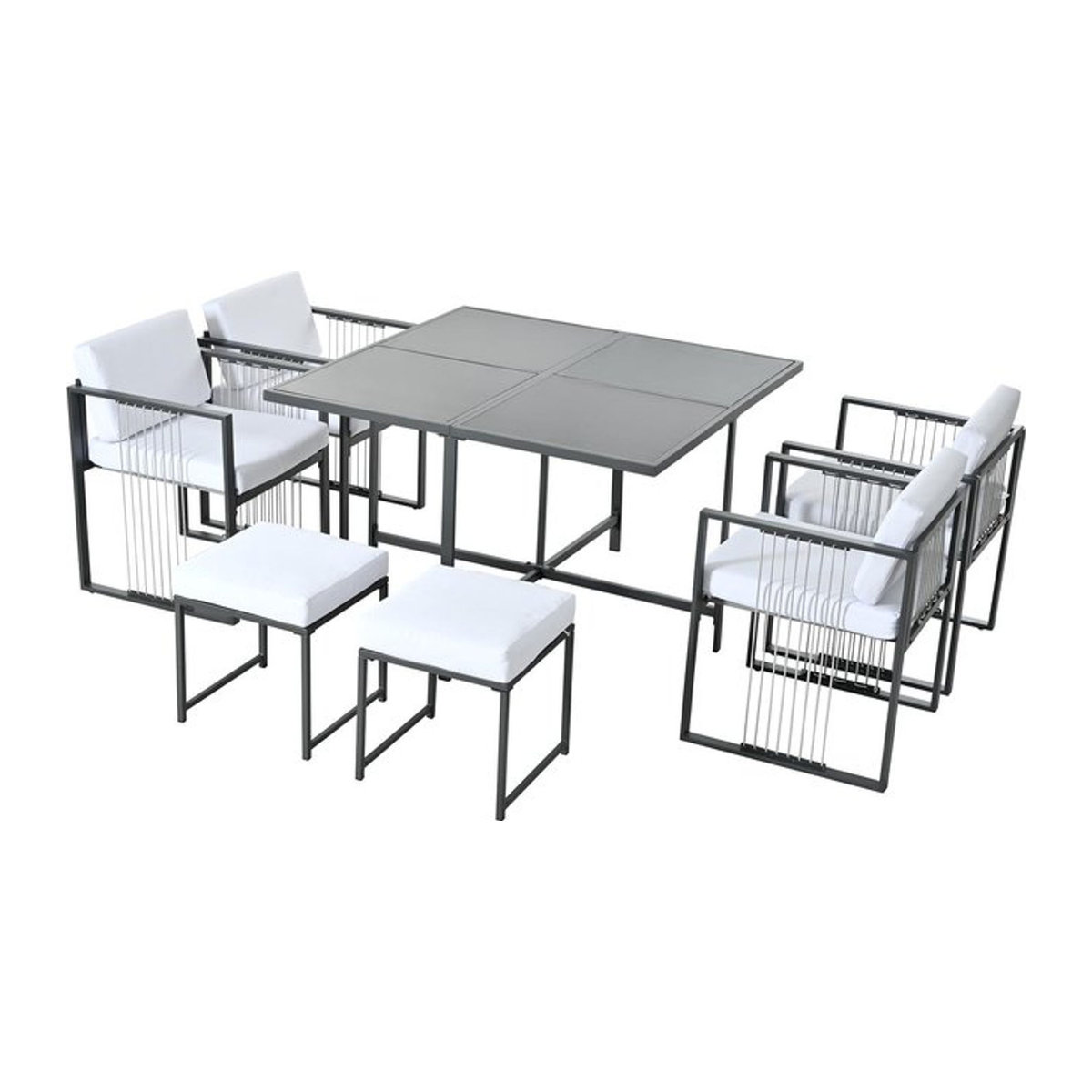 GL Store Modernes 7-teiliges Gartenmöbel-Set in Schwarz/Weiß mit Glastisch, 4 geflochtenen Sesseln und 2 Fußhockern für 6 Personen - Bild 1