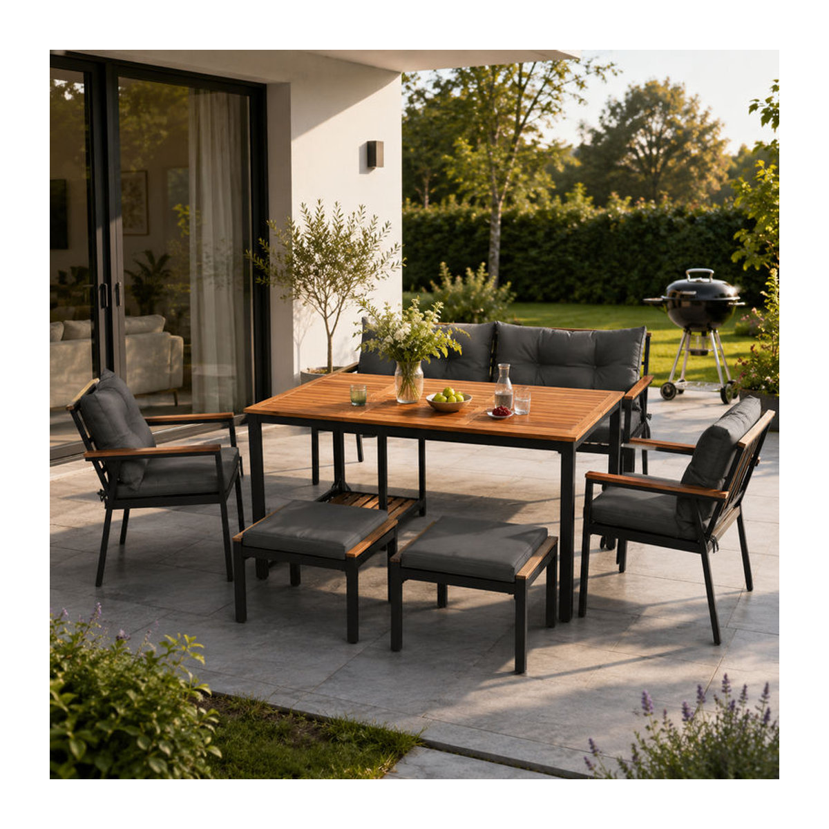 GL Store Modernes Gartenmöbel-Set mit Esstisch, 2 Stühlen, 2 Hockern, Sofa für zwei Personen und Servierwagen in Schwarz und Grau - Bild 1