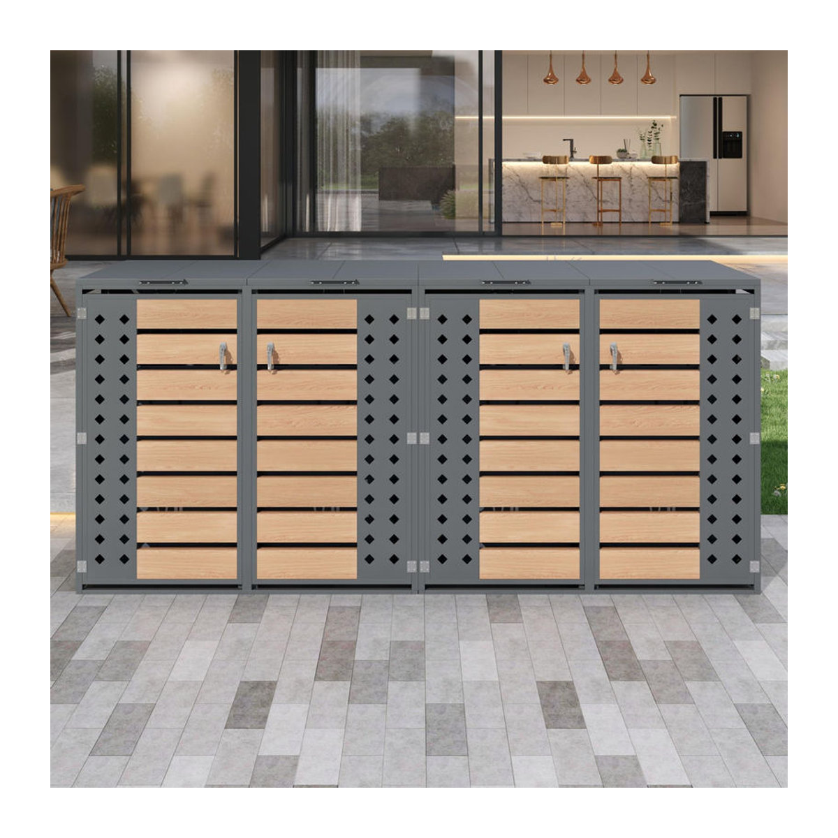 GL Store Mülltonnenbox mit 4-fach Aufbewahrung und rautenförmiger Seitenperforation zur Belüftung, B/T/H: 264 x 80 x 118,5 cm, Grau-Natur - Bild 2