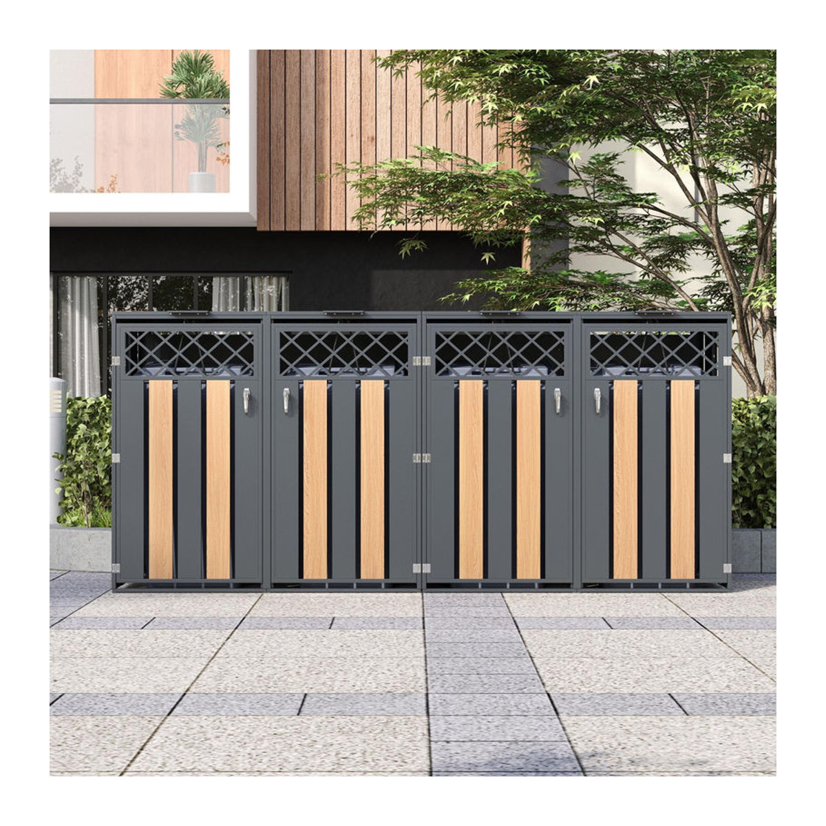 GL Store Mülltonnenbox mit hydraulisch gestütztem Klappdeckel und 4 separaten Fächern für den Außenbereich, Grau-Natur, B/T/H: 264 x 80 x 118,5 cm - Bild 2