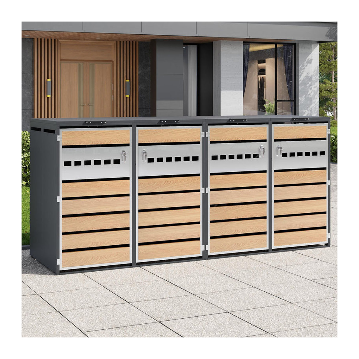 GL Store Mülltonnenbox mit hydraulischem Klappdeckel und 4 Fächern mit separaten abschließbaren Türen, B/T/H: 264 x 80 x 118,5 cm, Grau-Natur - Bild 2