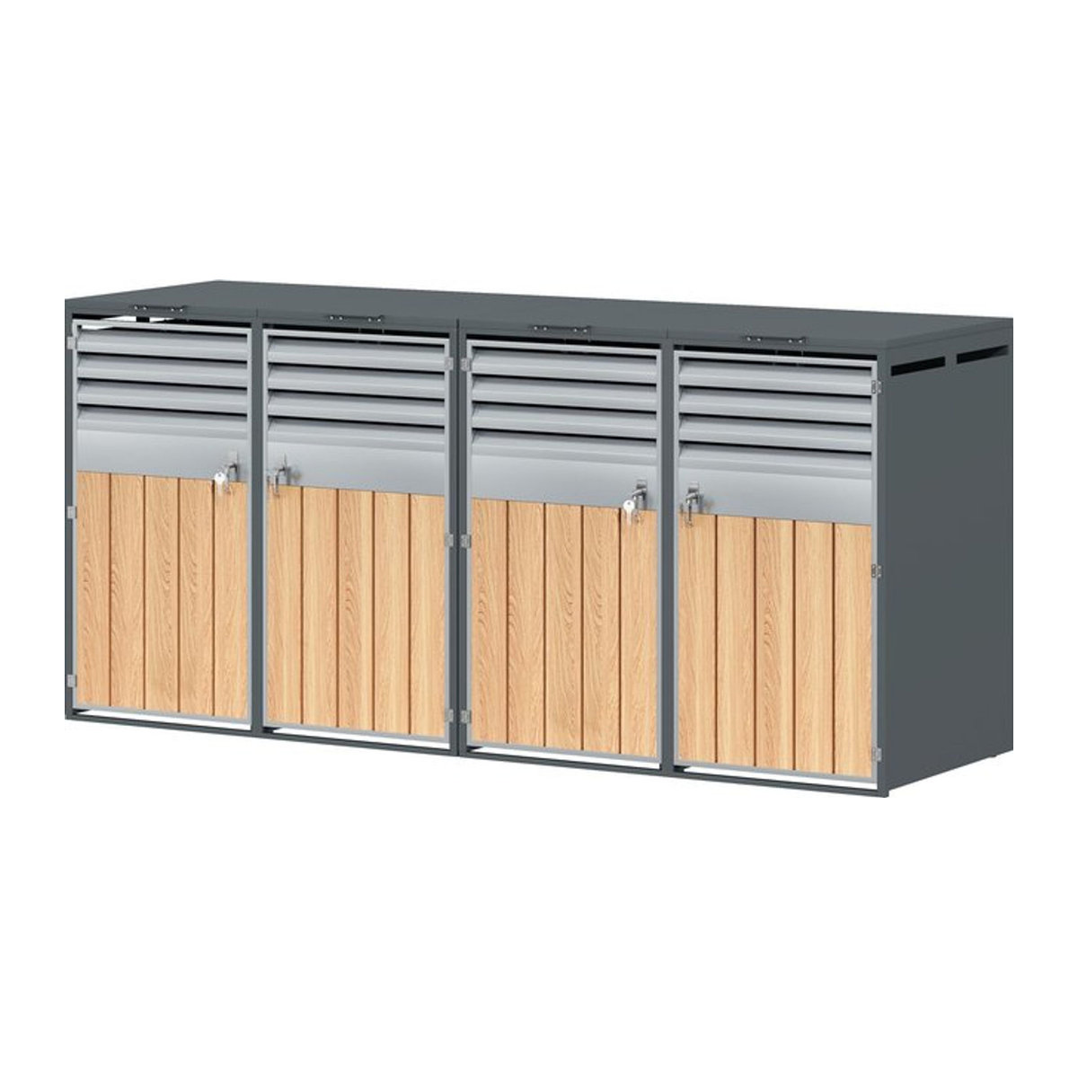 GL Store Mülltonnenbox mit hydraulischem Klappdeckel und 4-türigem Aufbewahrungsmodul in Grau und Naturfarbe, B/T/H: 264 x 80 x 118,5 cm - Bild 1
