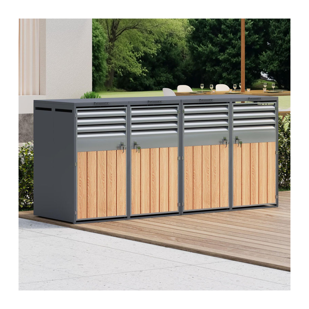 GL Store Mülltonnenbox mit hydraulischem Klappdeckel und 4-türigem Aufbewahrungsmodul in Grau und Naturfarbe, B/T/H: 264 x 80 x 118,5 cm - Bild 2