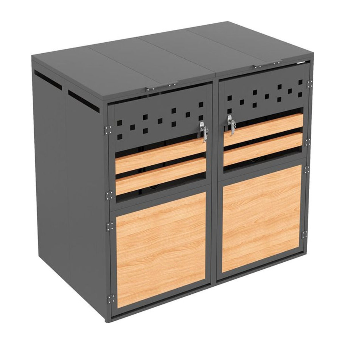 GL Store Mülltonnenbox mit hydraulischem Klappdeckel und abschließbaren Doppeltüren, zwei Fächer, B/T/H: 132 x 80 x 120 cm, Grau-Natur - Bild 1