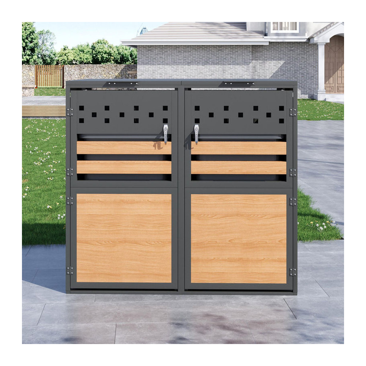 GL Store Mülltonnenbox mit hydraulischem Klappdeckel und abschließbaren Doppeltüren, zwei Fächer, B/T/H: 132 x 80 x 120 cm, Grau-Natur - Bild 2