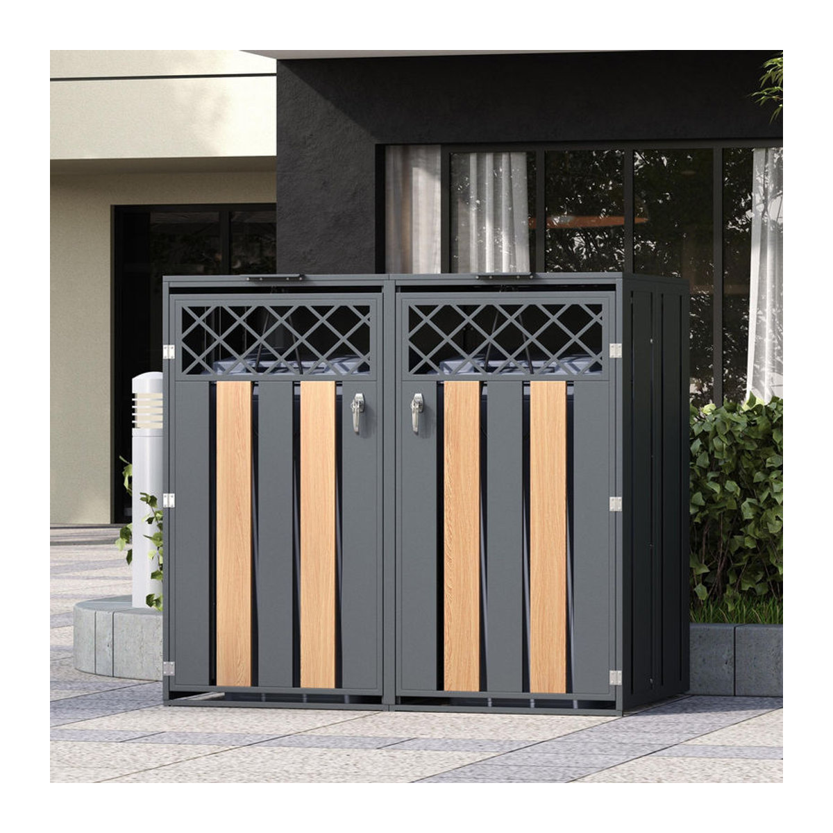 GL Store Mülltonnenbox mit hydraulischem Klappdeckel und abschließbarer Front, zwei getrennte Fächer, B/T/H: 132 x 80 x 118,5 cm, Grau-Natur - Bild 2