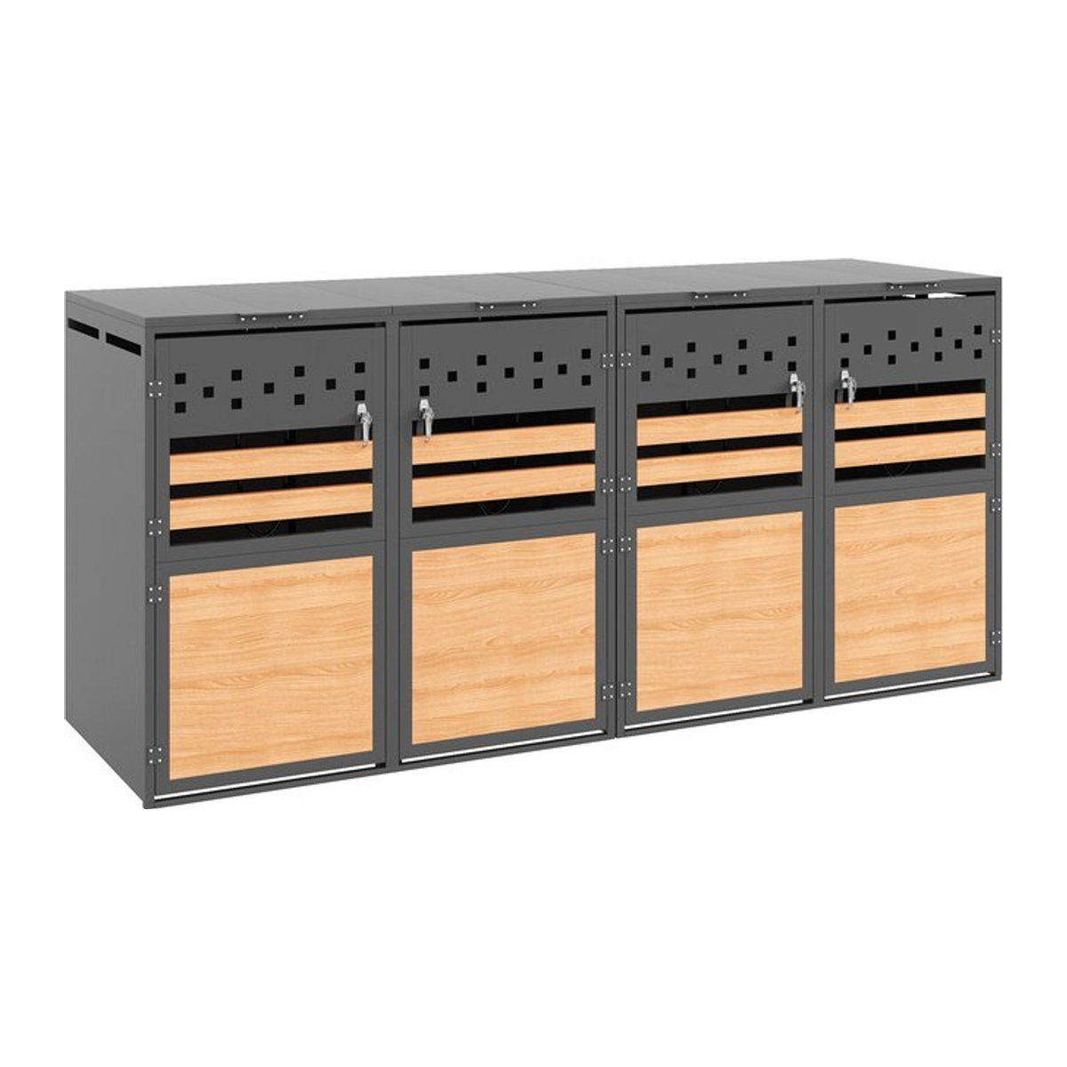 GL Store Mülltonnenbox mit hydraulischem Klappdeckel und vier abschließbaren Fächern in Grau und Naturfarbe, B/H/T: 264 x 120 x 80 cm - Bild 1