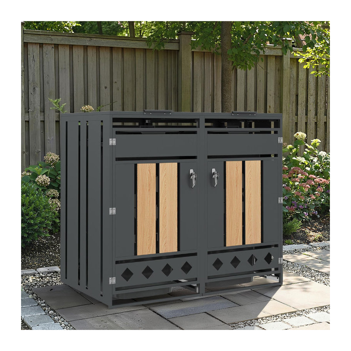 GL Store Mülltonnenbox mit hydraulischem Klappdeckel und zwei Fächern, Grau-Natur, B/T/H: 132 x 80 x 118,5 cm - Bild 2
