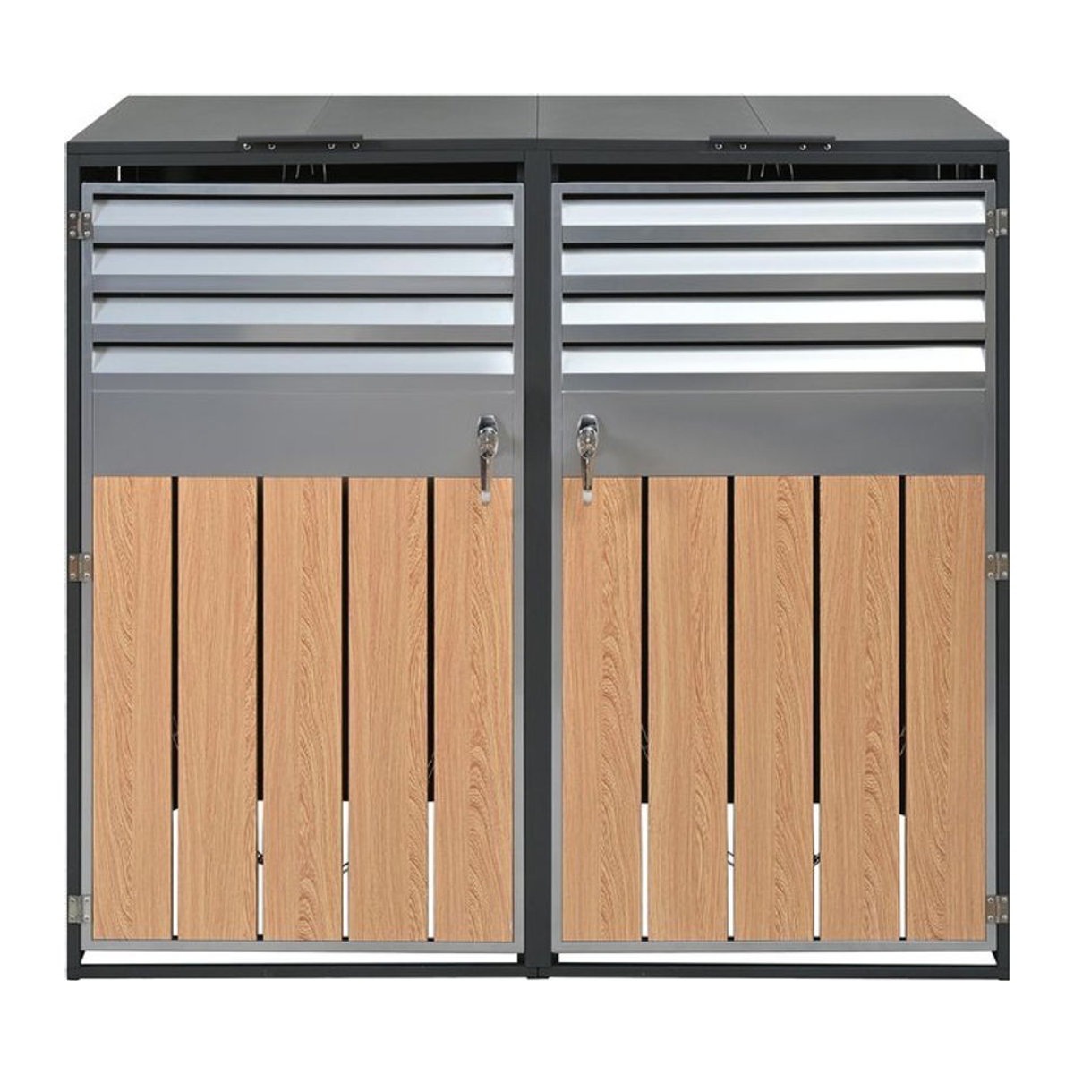 GL Store Mülltonnenbox mit hydraulischem Klappdeckel und zweiteiligem Design für 2 Mülltonnen, B/T/H: 132 x 80 x 118,5 cm, Grau-Natur - Bild 1