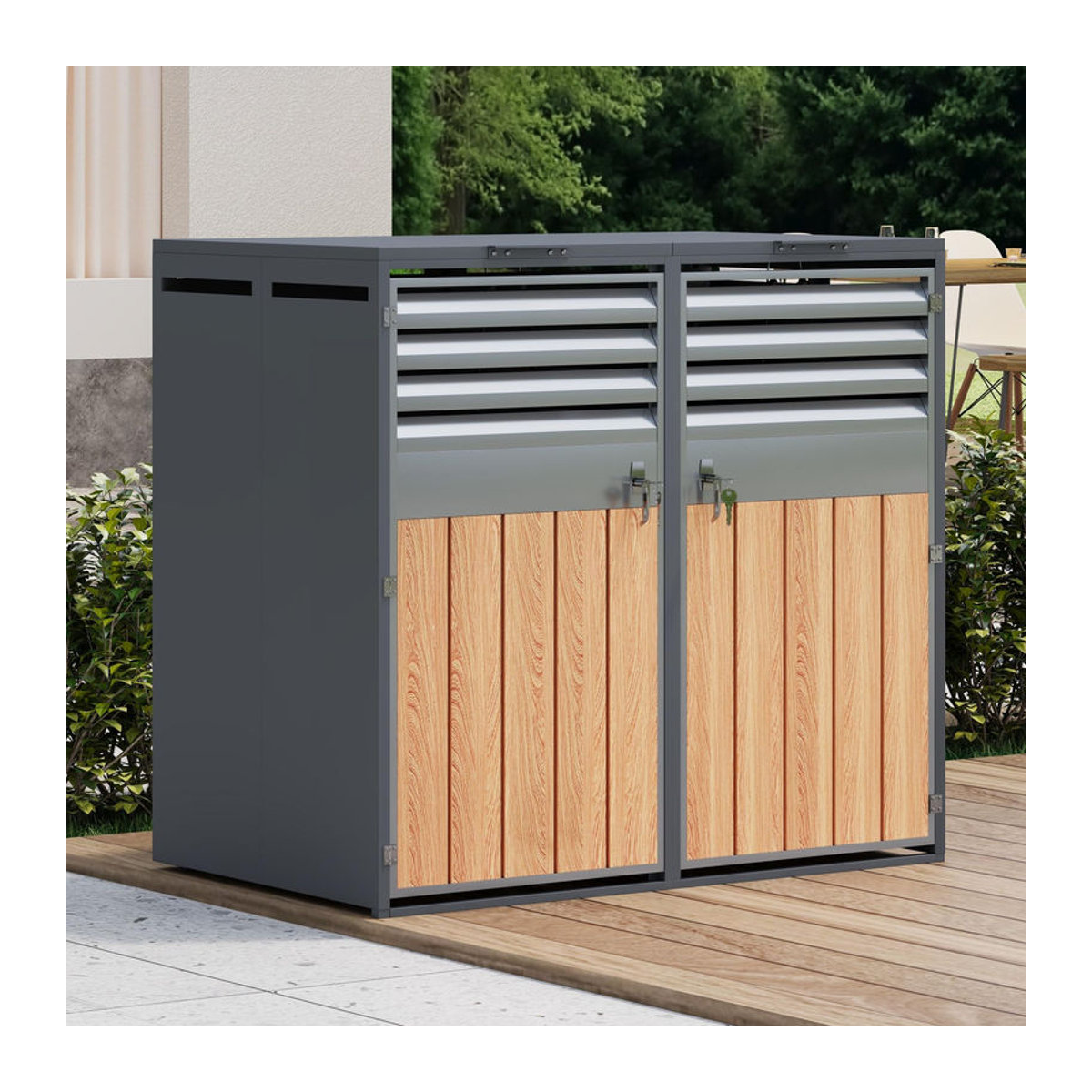 GL Store Mülltonnenbox mit hydraulischem Klappdeckel und zweiteiligem Design für 2 Mülltonnen, B/T/H: 132 x 80 x 118,5 cm, Grau-Natur - Bild 2