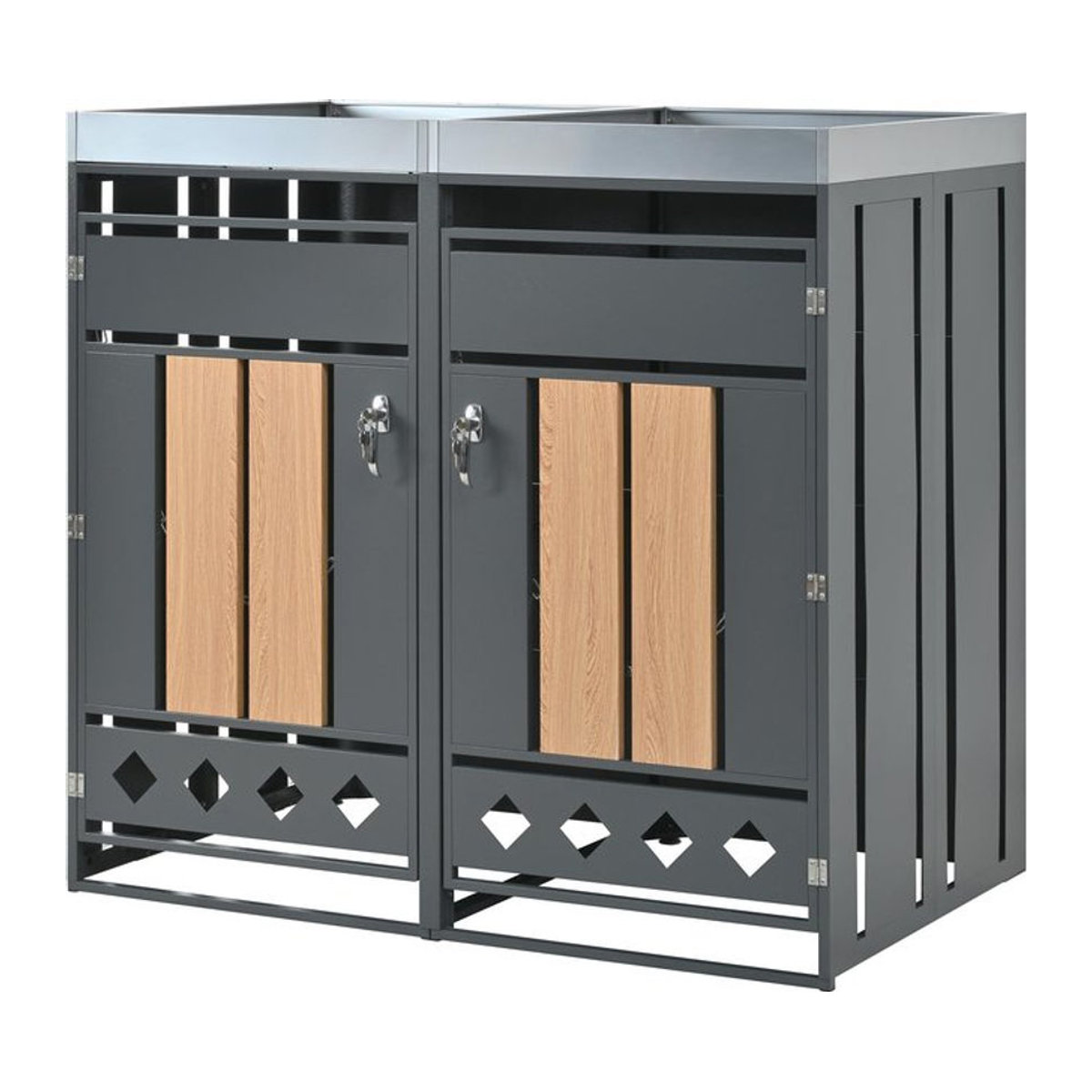 GL Store Mülltonnenbox mit integriertem Pflanztrog, abschließbar, für 2 Standard-Mülltonnen, B/T/H: 132 x 80 x 124,5 cm, Grau-Natur - Bild 1
