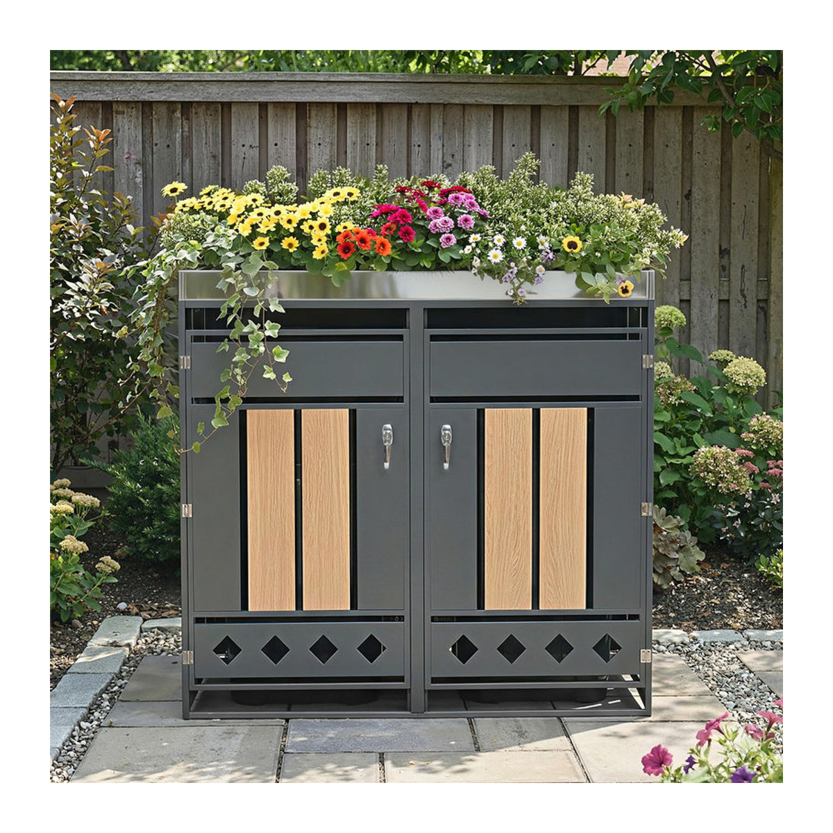 GL Store Mülltonnenbox mit integriertem Pflanztrog, abschließbar, für 2 Standard-Mülltonnen, B/T/H: 132 x 80 x 124,5 cm, Grau-Natur - Bild 2