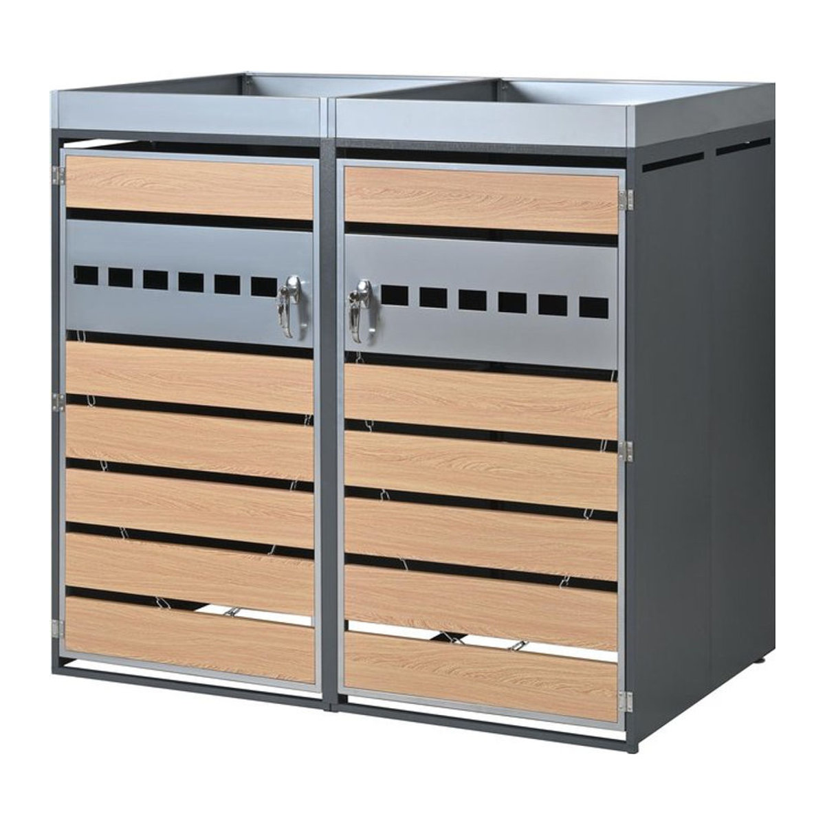 GL Store Mülltonnenbox mit integriertem Pflanztrog und Belüftung, abschließbarer zweiteiliger 2-türiger Schrank, B/T/H: 132 x 80 x 124,5 cm, Grau+Naturfarbe - Bild 1