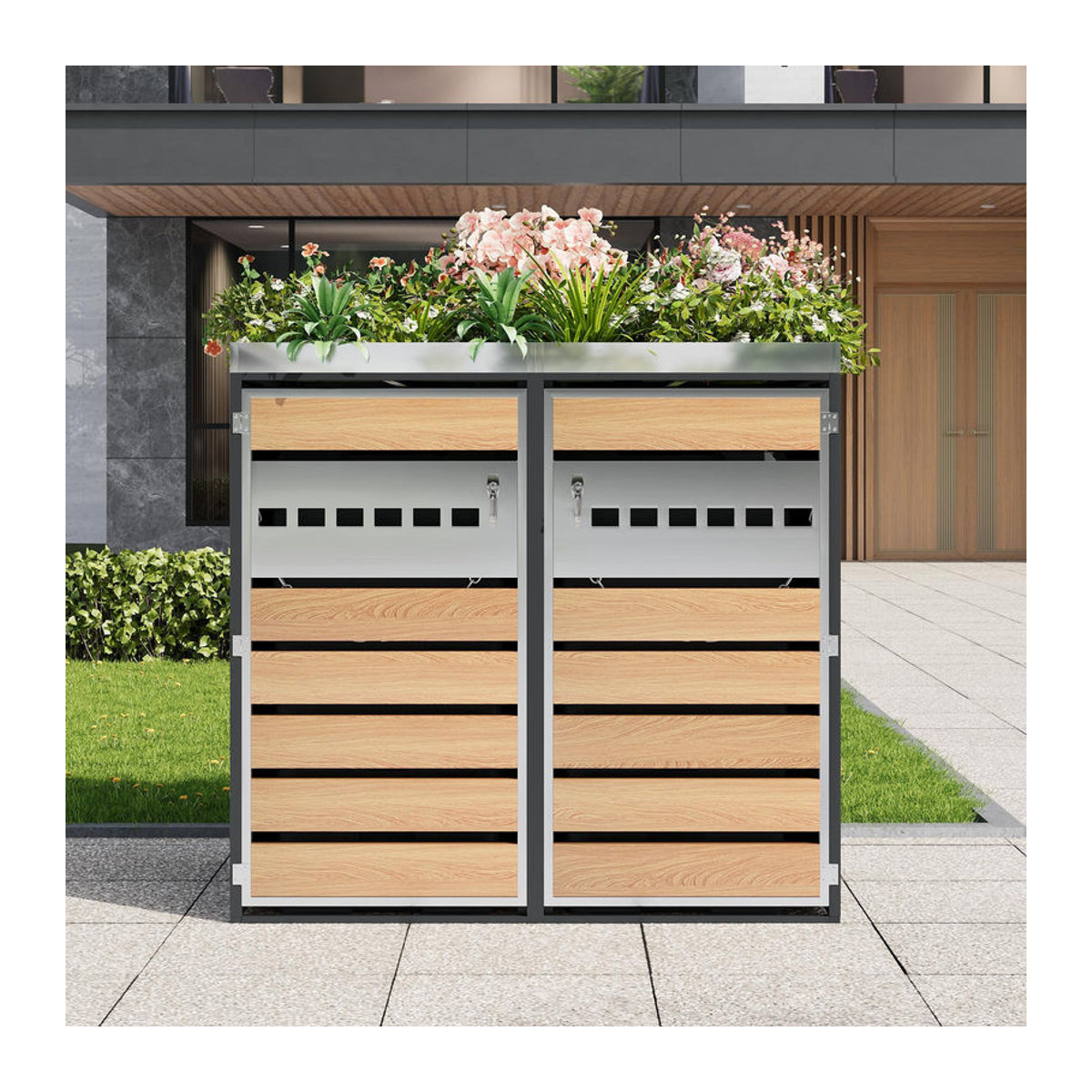 GL Store Mülltonnenbox mit integriertem Pflanztrog und Belüftung, abschließbarer zweiteiliger 2-türiger Schrank, B/T/H: 132 x 80 x 124,5 cm, Grau+Naturfarbe - Bild 2