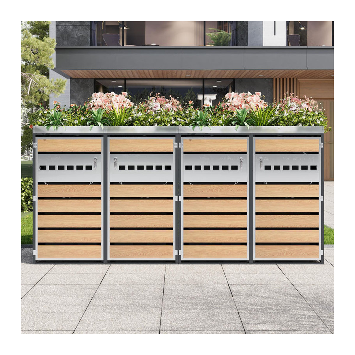 GL Store Mülltonnenbox mit integriertem Pflanztrog und vier abschließbaren Einzeltüren, B/T/H: 264 x 80 x 124,5 cm, Grau-Natur - Bild 2