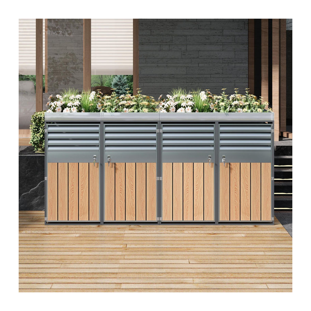 GL Store Mülltonnenbox mit integrierter Pflanzfläche und abschließbarem 4-Fach-Mülltonnenschrank, B/T/H: 264 x 80 x 124,5 cm, Grau-Natur - Bild 2