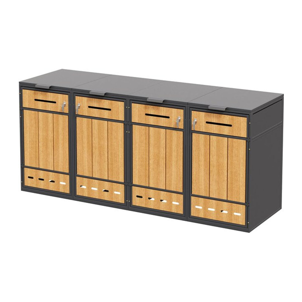 GL Store Mülltonnenbox mit Klappdeckeln und frontöffnenden Türen für 4 Mülltonnen von 120 bis 240 Litern, B/H/T: 264 x 118 x 84,5 cm, Grau-Natur - Bild 1